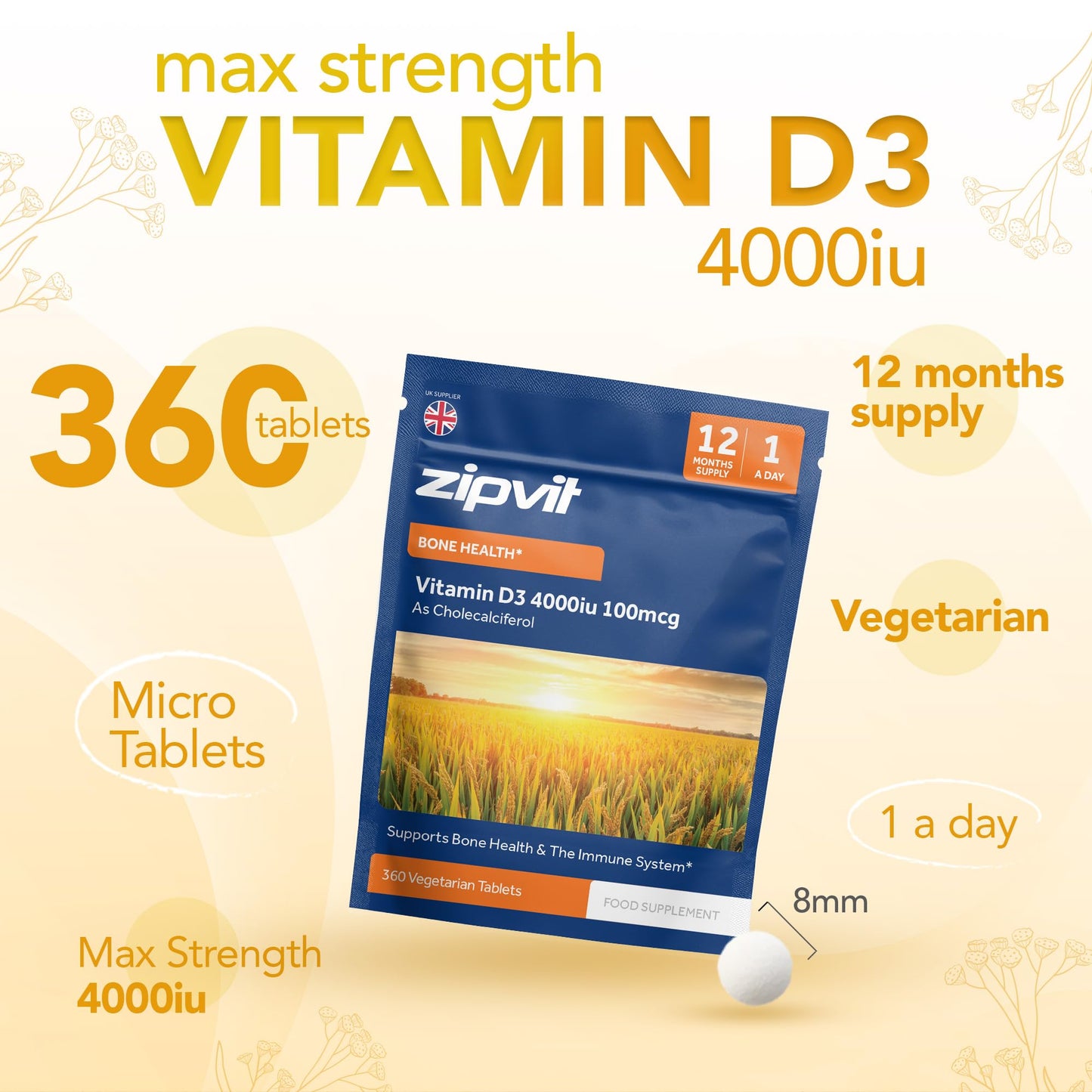 Zipvit Vitamin D3 4000 IU, 360 Maximum Strength Vitamin D Tablets, 12 Months Supply, Vegetarian, 1 a Day, VIT D3 As Cholecalciferol, Supports Bones Muscles, Immune System