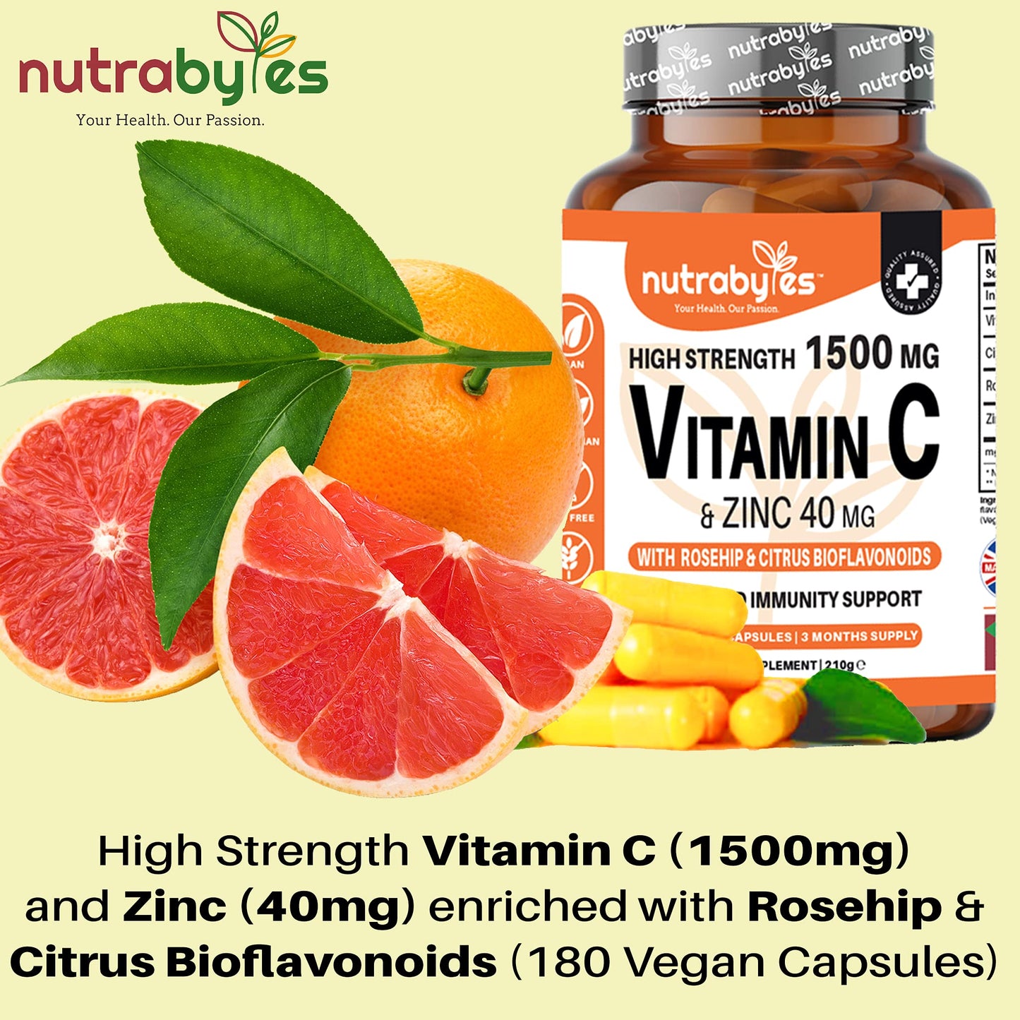 NUTRABYTES High Strength Vitamin C and Zinc Capsules | Vitamin C 1500mg and Zinc 40mg | Enhanced with Rosehip and Citrus Bioflavonoids | for Maintenance of Normal Immune System | 180 Vegan Capsules | Made in UK