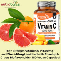 NUTRABYTES High Strength Vitamin C and Zinc Capsules | Vitamin C 1500mg and Zinc 40mg | Enhanced with Rosehip and Citrus Bioflavonoids | for Maintenance of Normal Immune System | 180 Vegan Capsules | Made in UK