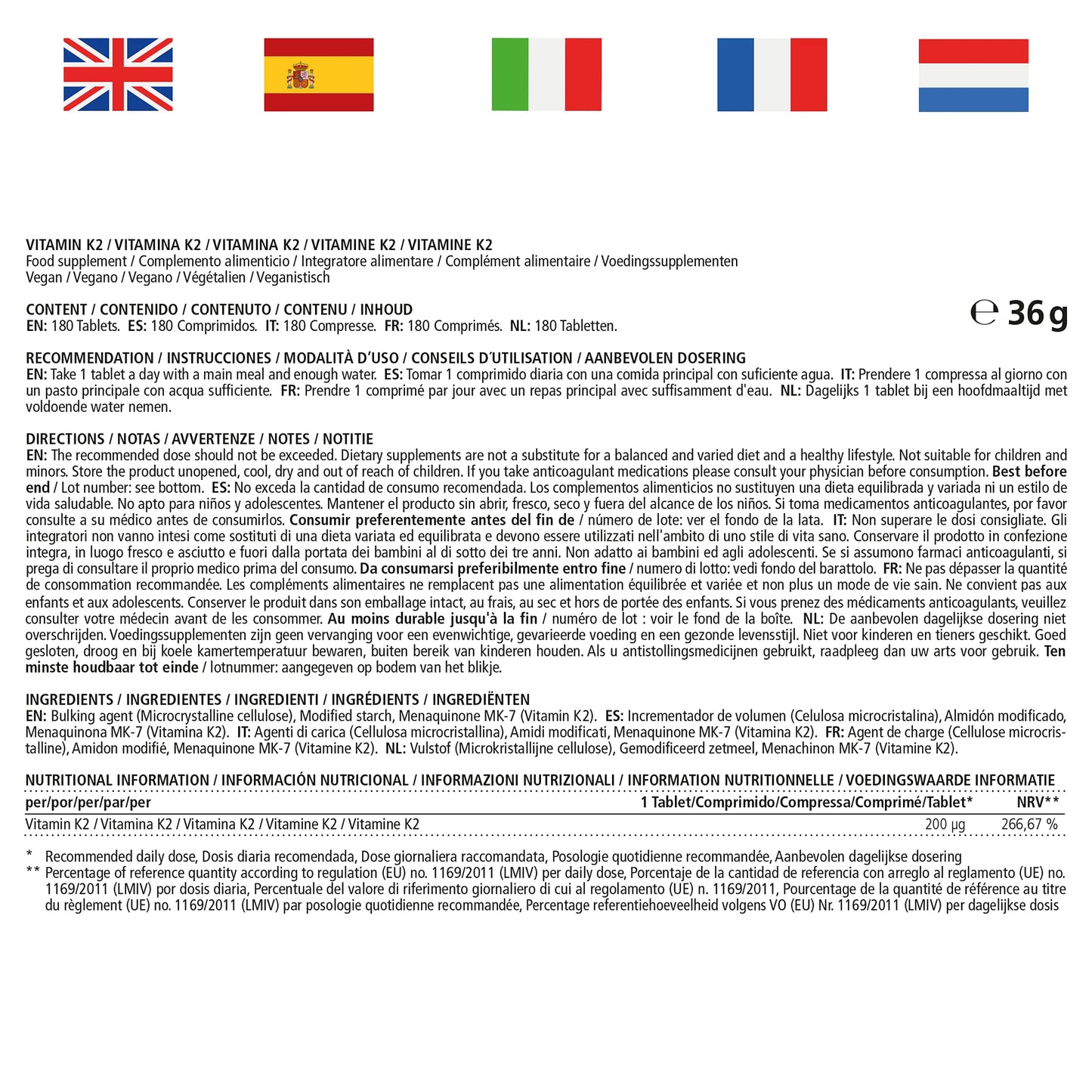 Vitamin K2 MK-7 200 mcg Vegan & High Strength Menaquinone, 180 Tablets for 6 Months, German Quality, Natural & Organic Supplement Without Additives