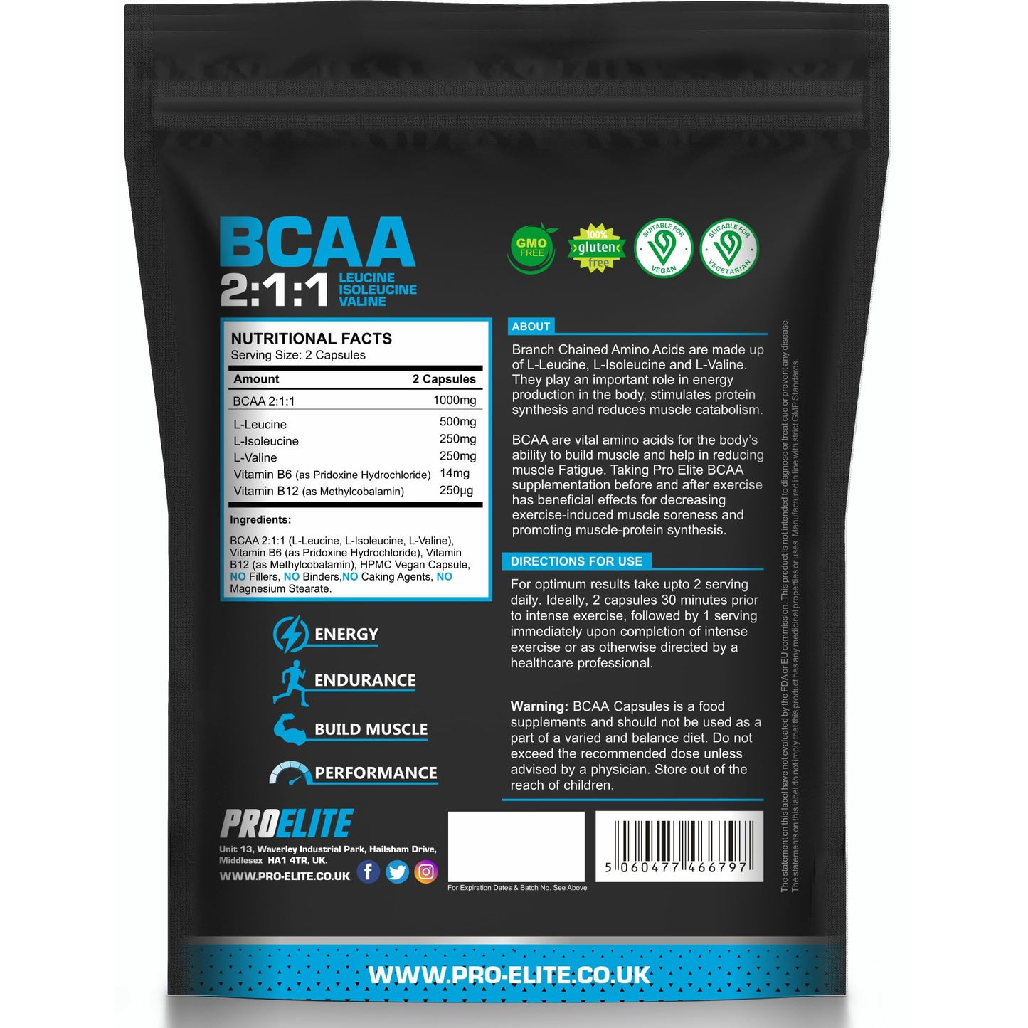 BCAA Capsule 3000mg Per Serving - 360 Vegan Capsules - 2:1:1 Branched Chain Amino Acids Capsules with Vitamin B12 & B6 - BCAA Powder Tablets Alternative - Pre Post Workout for Energy by PROELITE