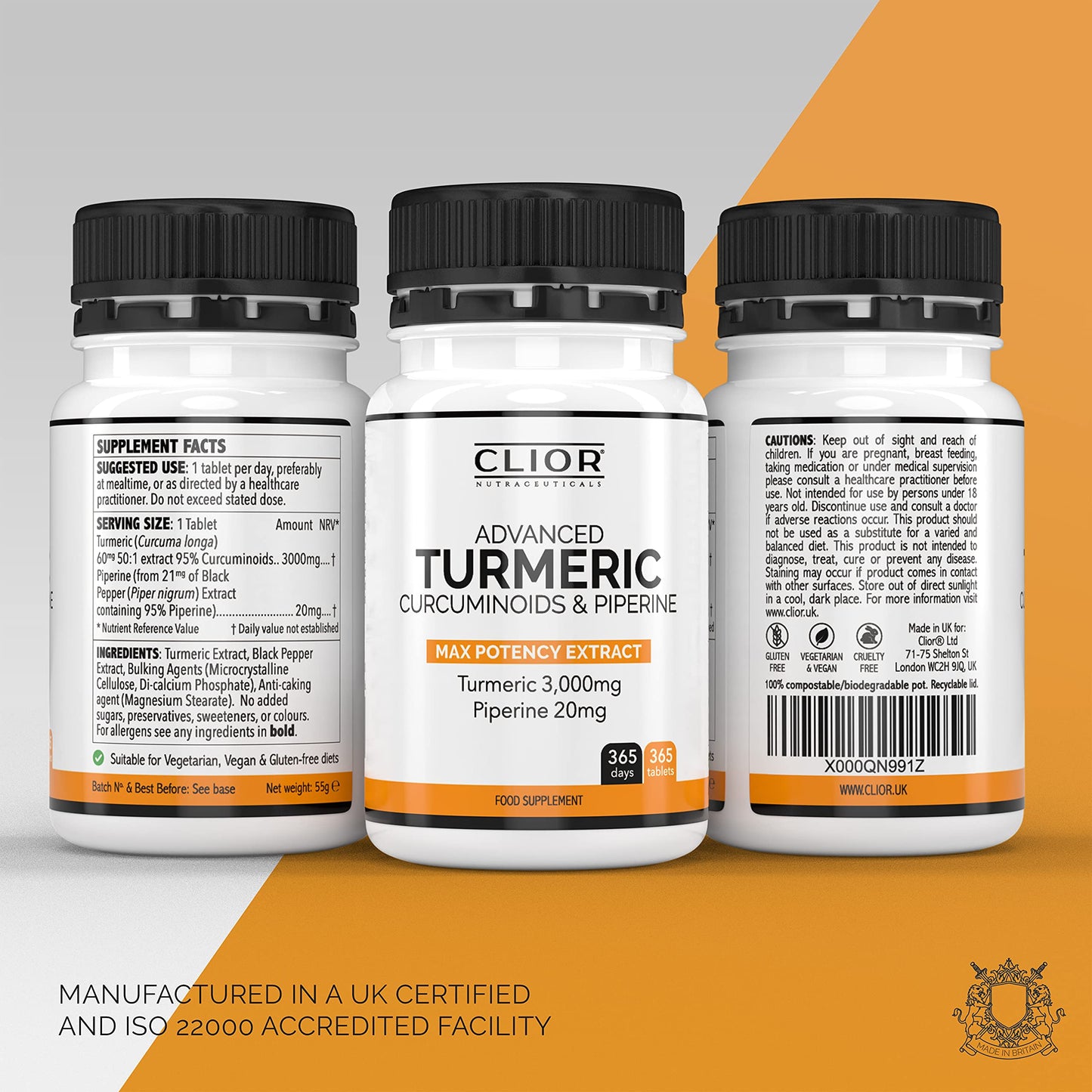 Turmeric Curcumin 3,000mg with Black Pepper x 365 Vegan Tablets High Strength | 1 Year Supply | 95% Curcumins + 20mg Piperine | Tiny Easy-to-Swallow Supplements by Clior (Cambridge Labs)
