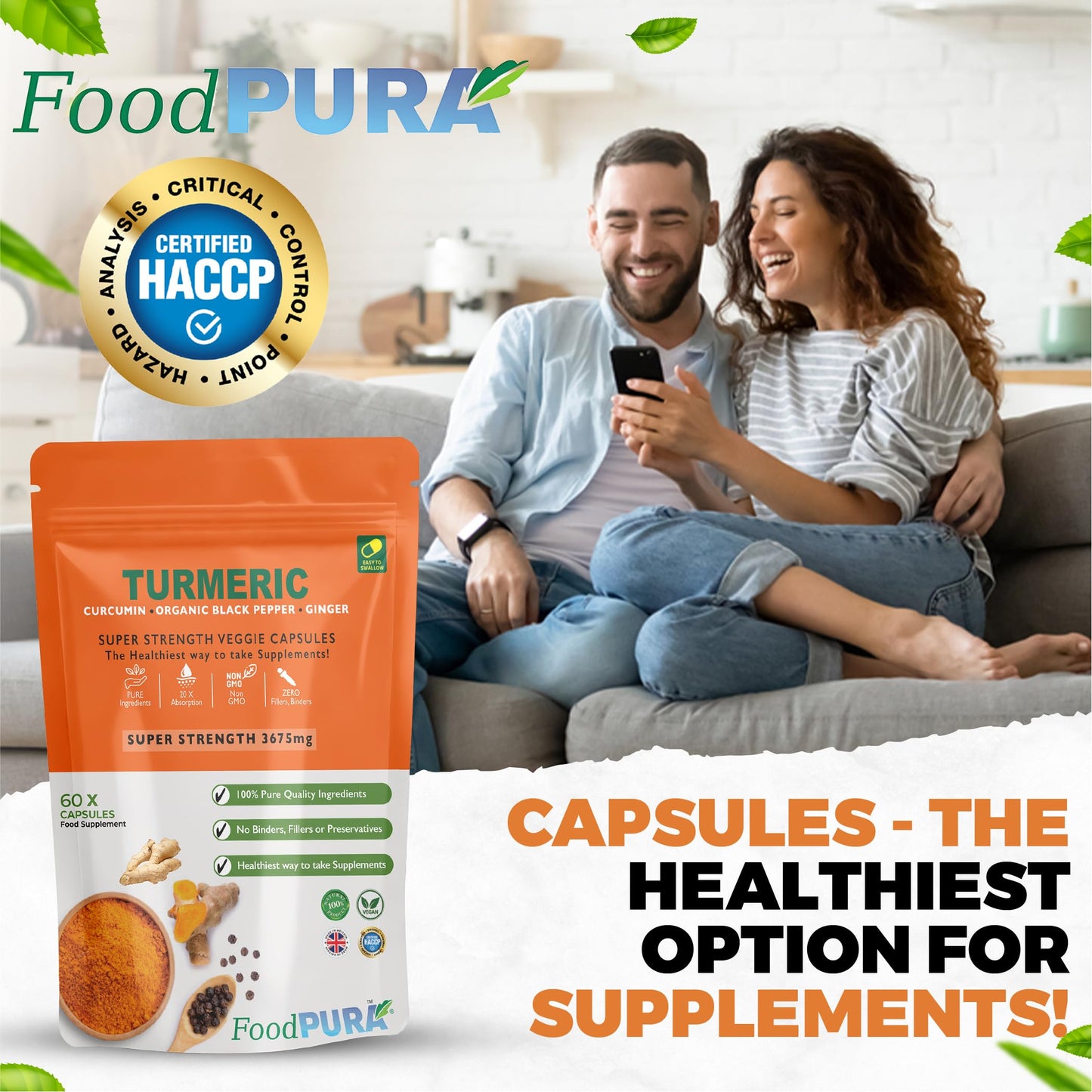 FoodPURA Turmeric Curcumin Capsules with Black Pepper & Ginger High Strength 3675mg HACCP Certified, Manufactured in The UK by FoodPURA (60)