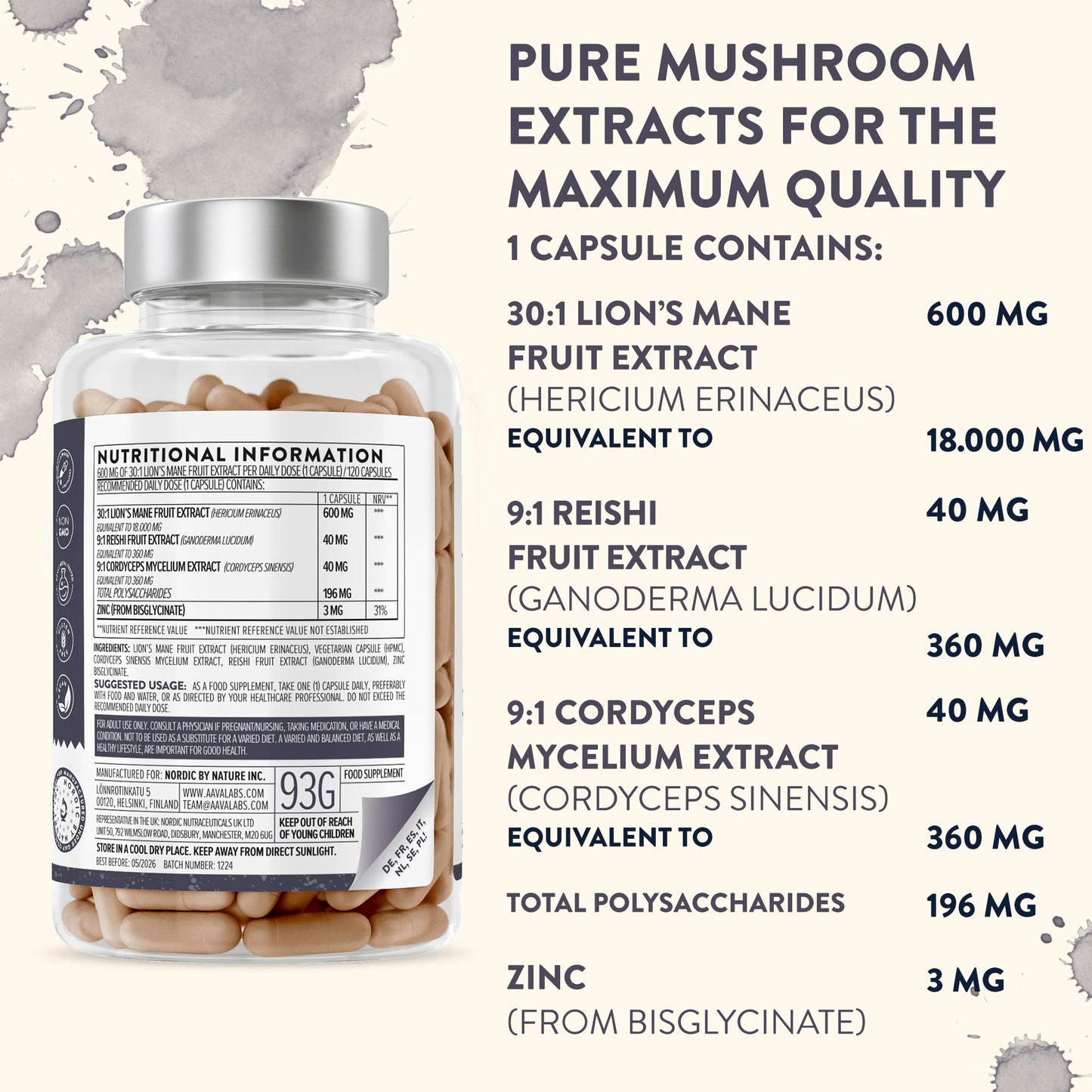 Lions Mane Supplement-18,000mg (30:1 Extract)+Zinc, Reishi & Cordyceps-3 Mushrooms Herbal supplements -Nootropic Complex Lion's Mane Mushroom Supplement-120 Lion's Mane Capsules(Not Lions Mane Powder)
