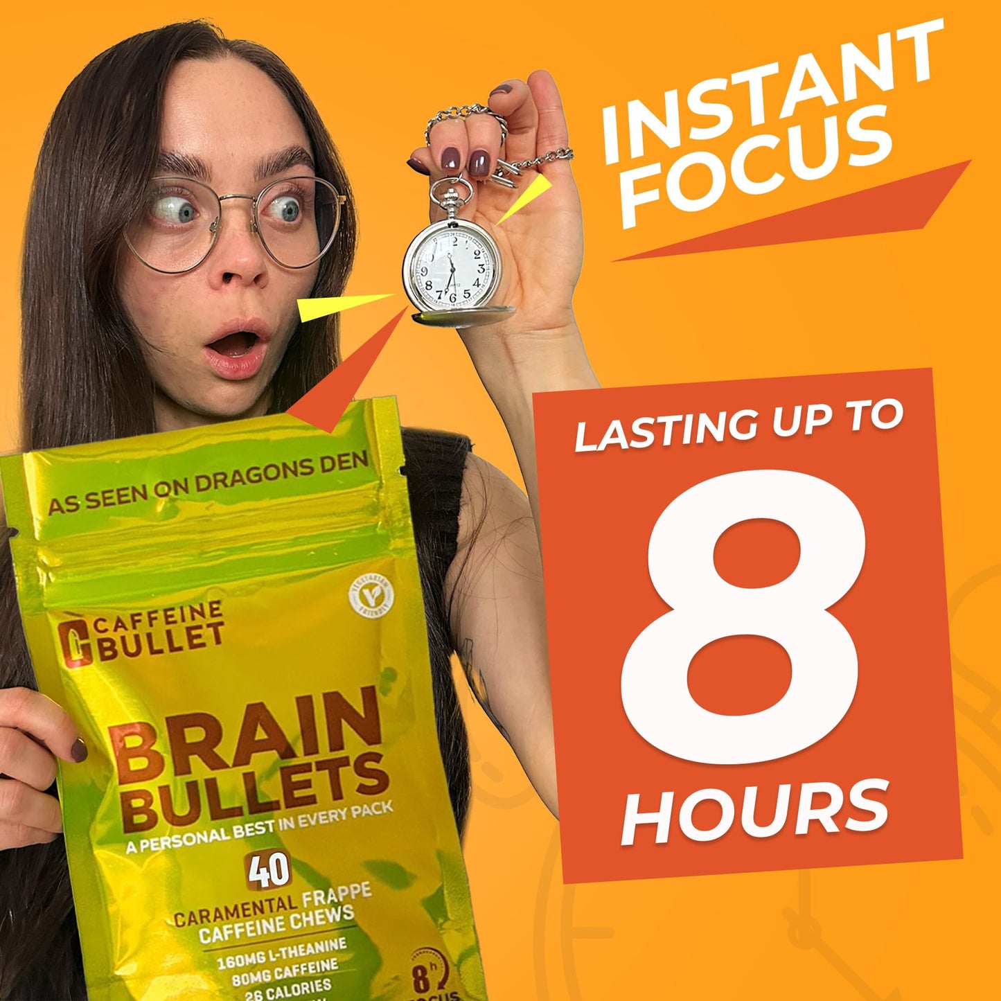 Caffeine Bullet 80mg Caffeine & 160mg L-Theanine Focus Enhancing Energy Chews – Neuroscience Backed Nootropic Stack, Mental Acuity & Cognitive Support | Caramel Frappe Flavor Brain Bullet, 1 Pack