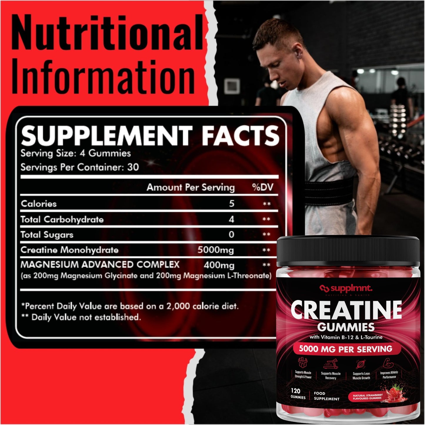 Creatine 120 Gummies Max 5000mg for Men & Women Creatine Monohydrate Plus B12 and L-Taurine Chewable Gummies, Strawberry Flavour 1 Month Supply (1 Count (Pack of 120), Strawberry)