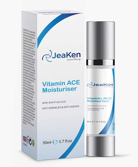 JeaKen FACE MOISTURISER with Vitamins ACE- Anti Aging Face Cream with Hyaluronic Acid and AHA Fruit Acid- Moisturiser Face Women and Men- Anti Wrinkle Face Cream Boosts Collagen Production- 50ml Vegan Bottle