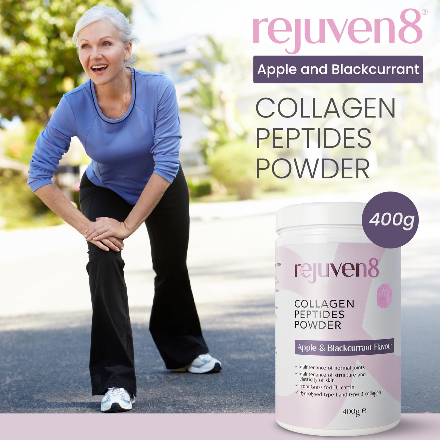 Rejuven8 Collagen Peptides Powder 400g Apple & Blackcurrant - 26g of Collagen and 24g of Protein Per Serving - Grass Fed Bovine Collagen Powder for Women & Men - Protein Collagen Powder