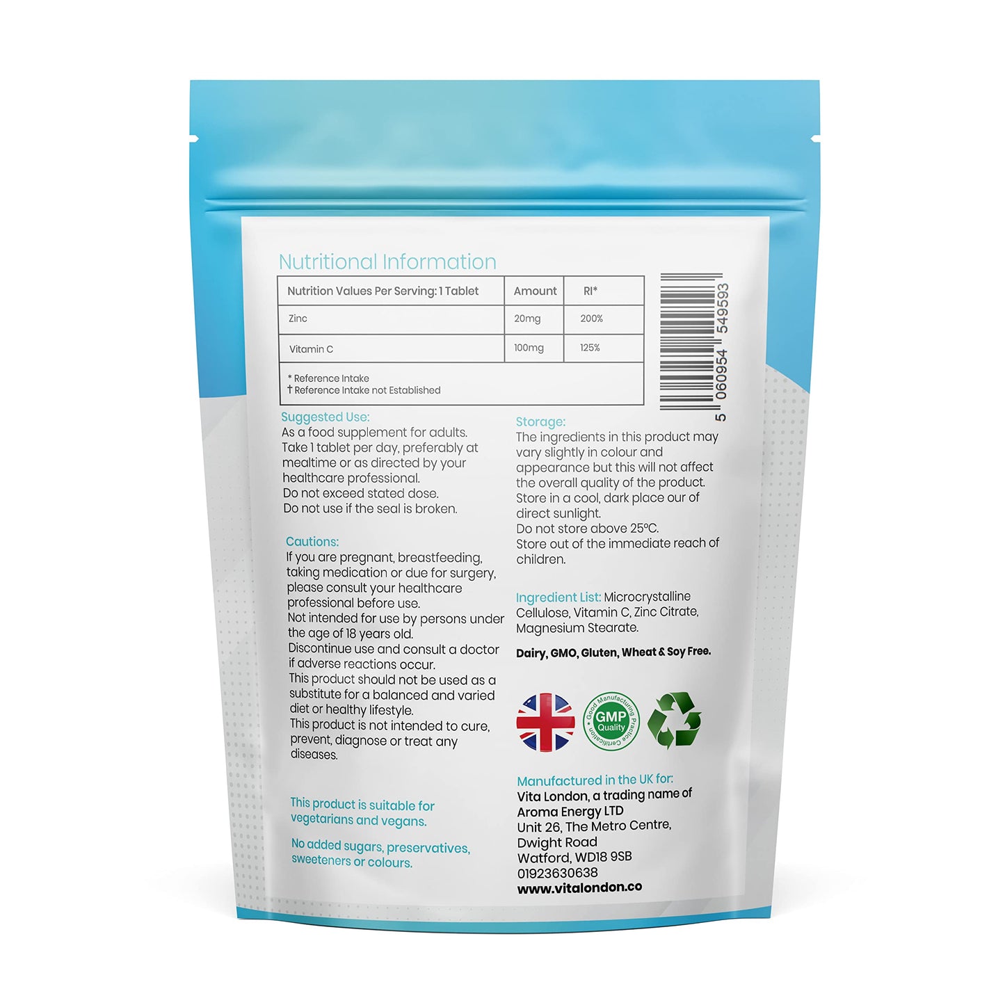 VL Vita London Vitamin C & Zinc 1200mcg | 120 High Strength Vegan Tablets (Not Capsule or Powder) | Made in UK | for Normal Immune System | Supplement for Men & Woman