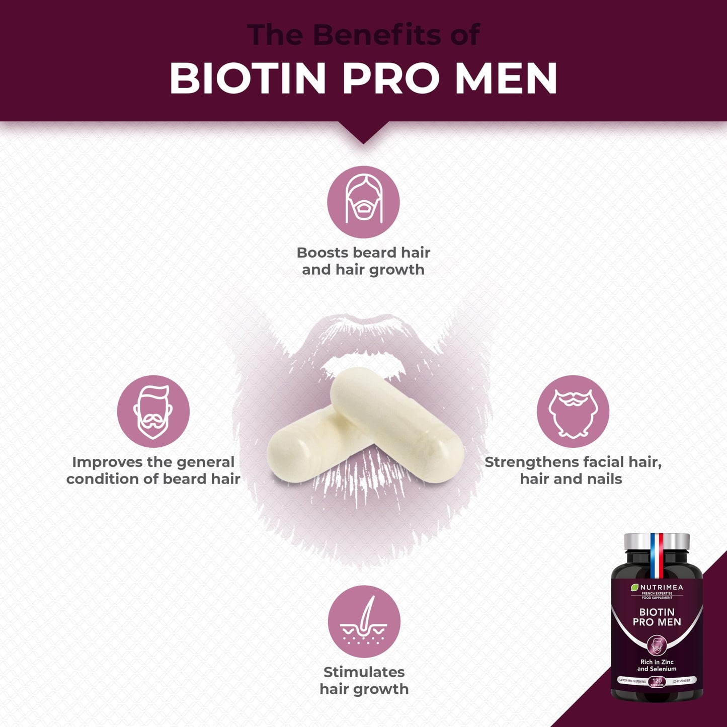 Laboratoires Nutrimea Organic Beard & Hair Growth Complex - with Biotin, Selenium, Zinc & Pumpkin Seeds - Against Hair Loss and Baldness - Promotes Beard Growth - Nutrimea - Made in France