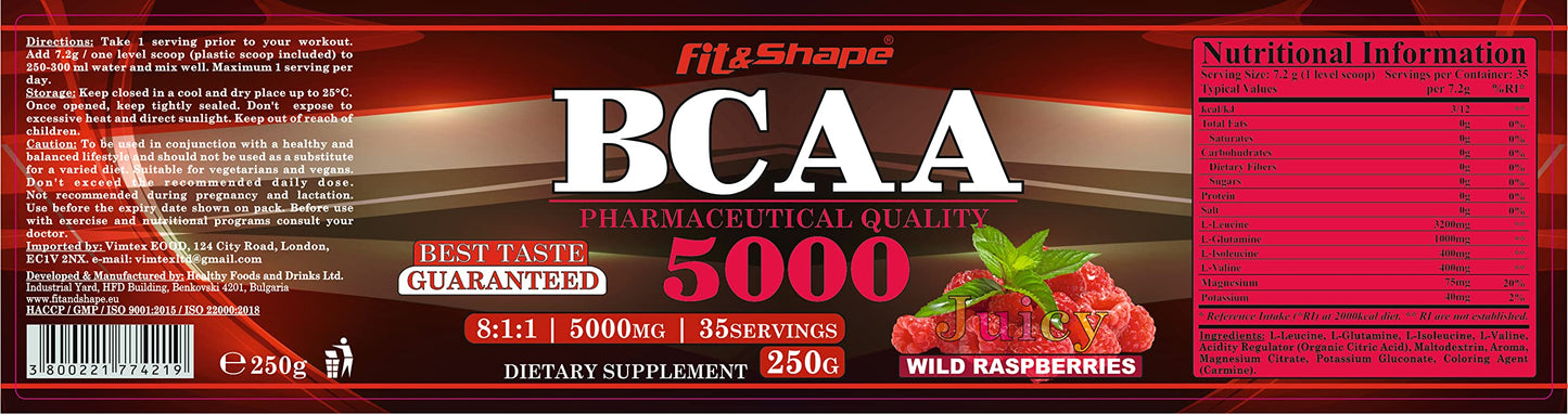 Fit&Shape F&S BCAA Powder 8:1:1 (Branched Chain Amino Acids) | L Glutamine, Magnesium, Potassium | Pre Workout Supplement | 35 Servings, 250g |Raspberry | Suitable for Vegans & Vegetarians