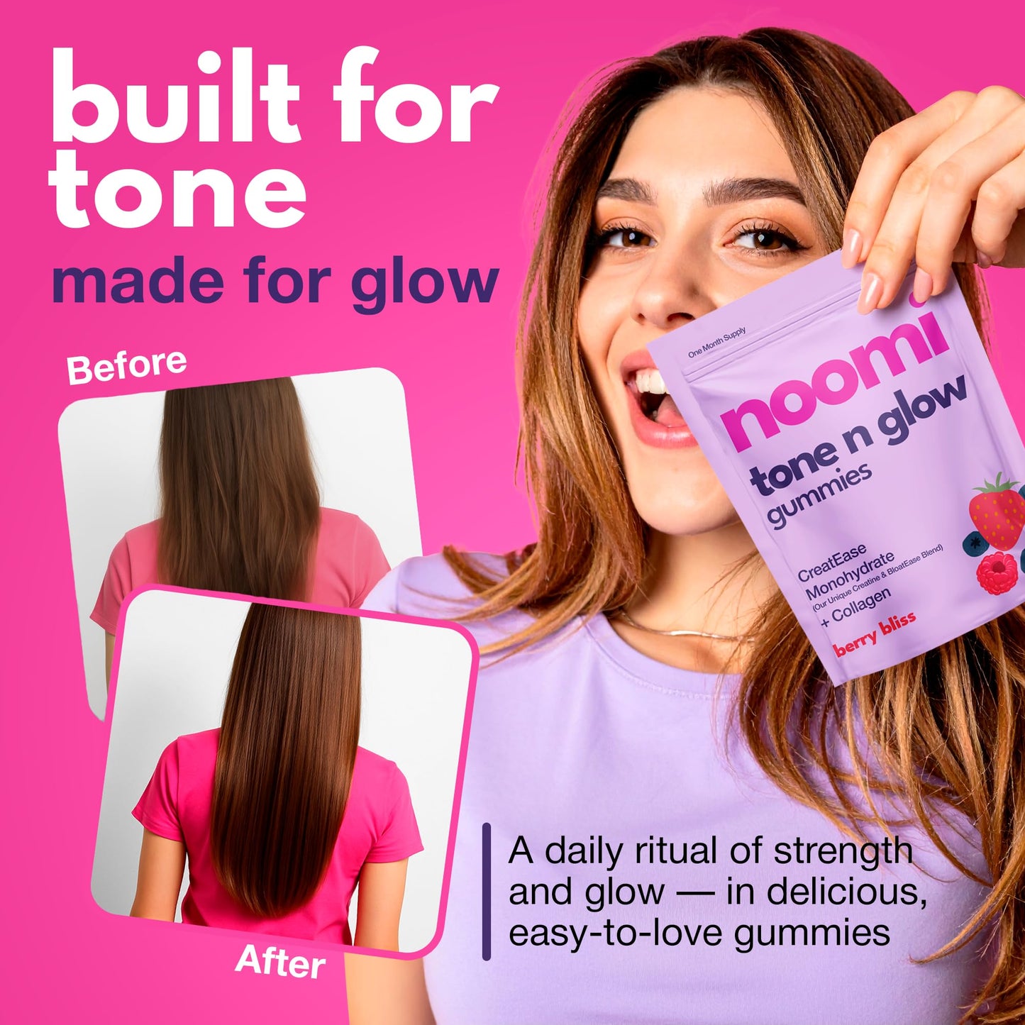 Creatine Gummies for Women with Collagen – Creatine Monohydrate + Collagen Gummies for Women – Pre Workout Chews for Glow, Strength & Focus – 1 Month Supply – Berry Flavour – noomi Tone n Glow