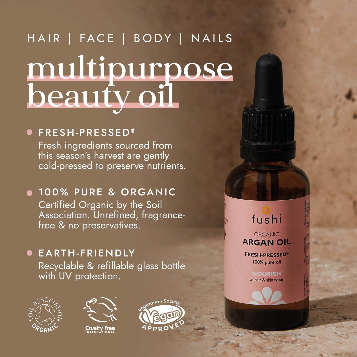 Fushi Organic Virgin Moroccan Argan Oil 30ml Unrefined Pure Natural Cold Pressed High Vitamin E For Frizzy Dry Damaged Hari & For Body and Face