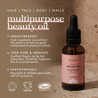 Fushi Organic Virgin Moroccan Argan Oil 30ml Unrefined Pure Natural Cold Pressed High Vitamin E For Frizzy Dry Damaged Hari & For Body and Face