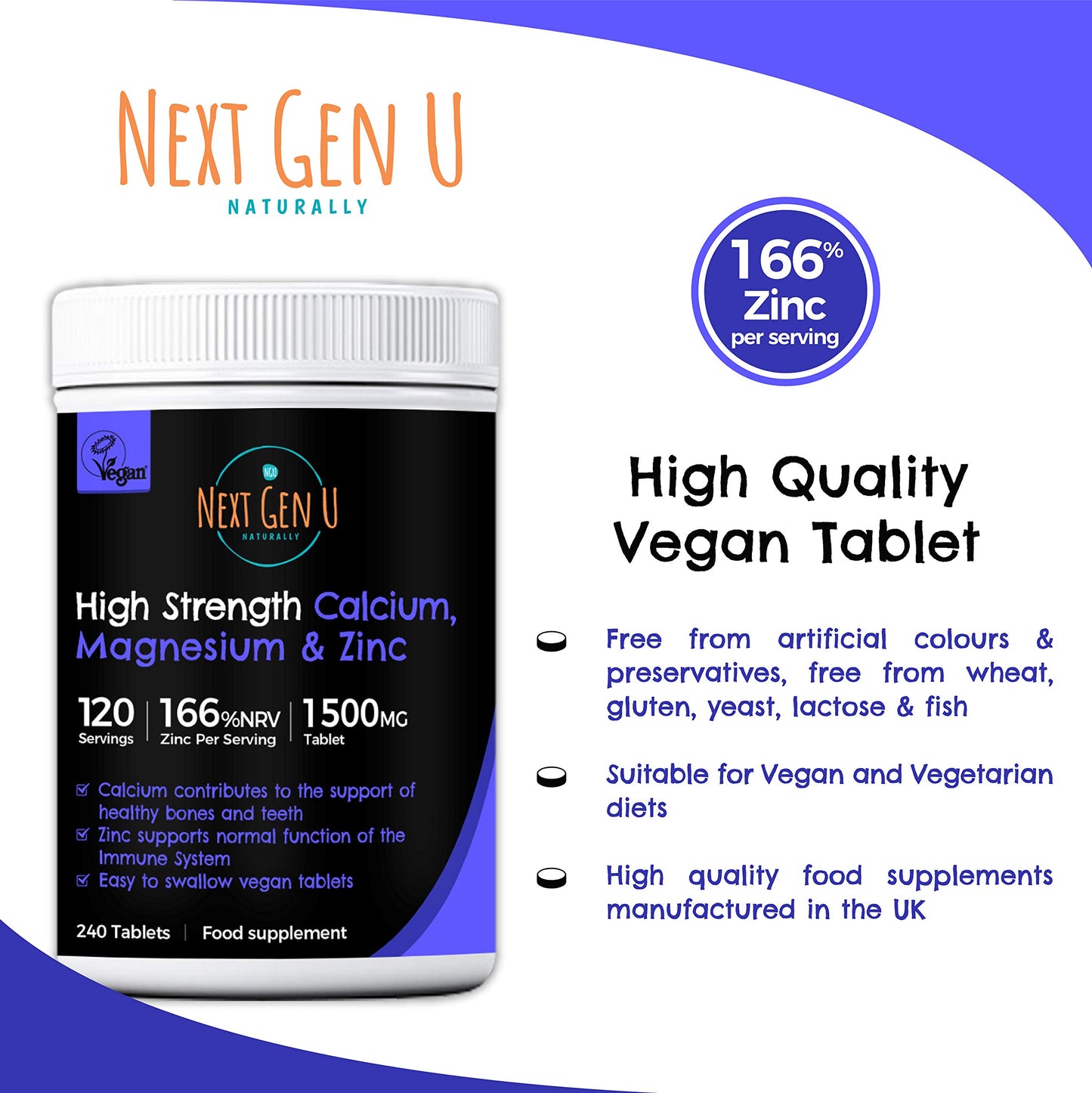 NGU Calcium Magnesium Zinc Essential Mineral Supplement 240 Vegan Caplets for Immune Support and Bone Strength for Adults Women and Men