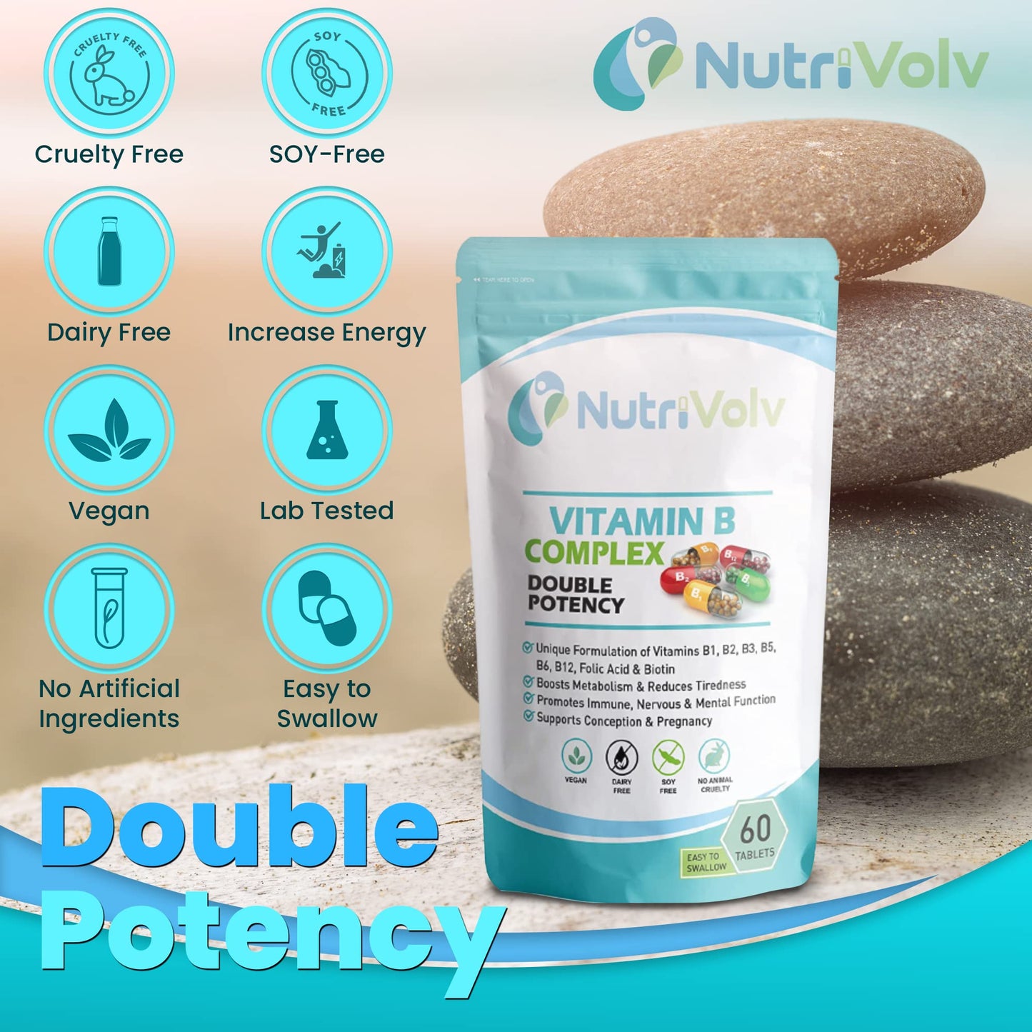 Vitamin B Complex Supplements with B Vitamins Including high strength B12, B1, B2, B3, B5, B6, B7, B9, Biotin & Folic Acid- Support Healthy Energy Metabolism | 60 Tablets