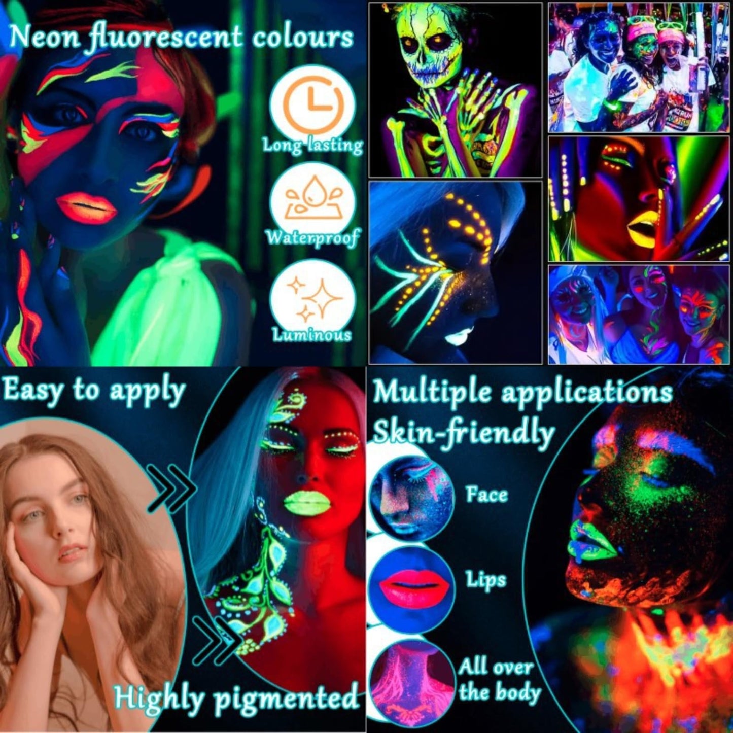 SHEBEEDO 6PCS Glow Under Black Light Neon Face Paint, Vibrant Neon Party Accessories for Adults, Festival Face Paint That Glows in the Dark, High - Quality Body Paint