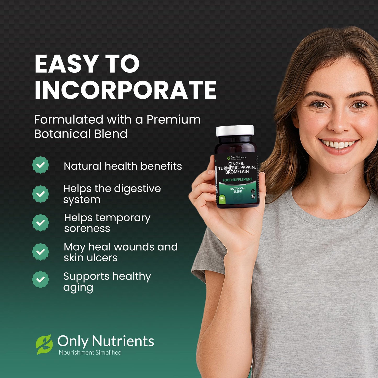 Only Nutrients - Turmeric Papain Bromelain Ginger Supplement, High-Strength Liver, Digestive & Joint Health Support, Nourishing Herbal Blend, 180 Turmeric Tablets