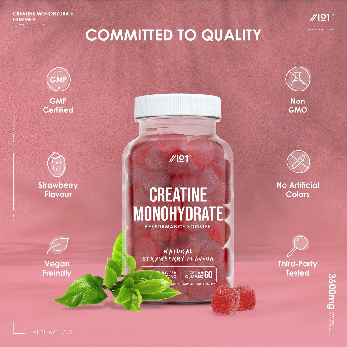 ALPHA01 Creatine Monohydrate Gummies 3600mg ~ Proven to Increase Physical Performance ~ Non-GMO, Halal ~ 60 Vegan Gummies ~ by Alpha01