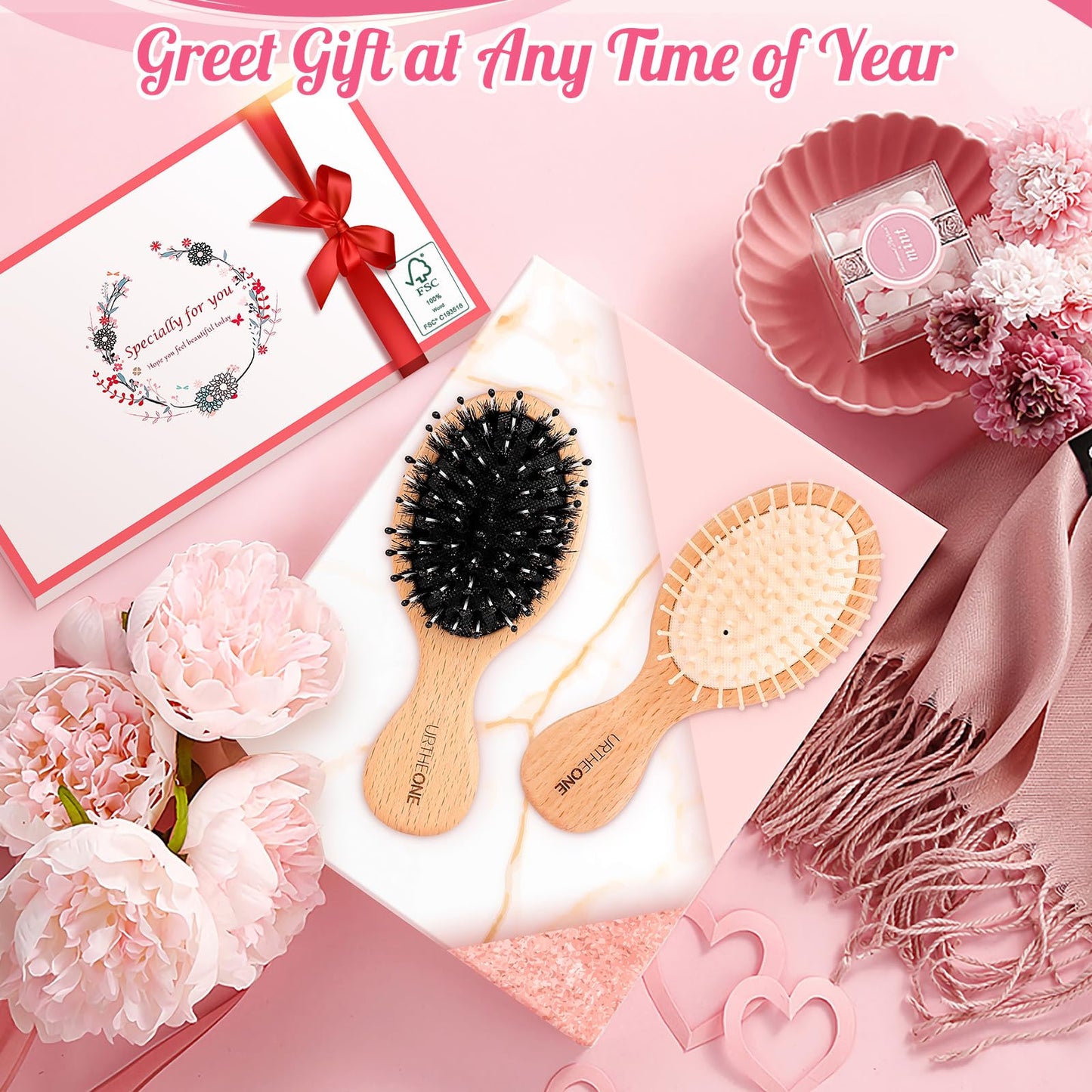 URTHEONE 2Pcs Travel/Mini Hair Brush Boar Bristle Hairbrush for Girls Boys Kids Women Men,Detangling Brush for Thick Curly Thin Long Short Dry Hair
