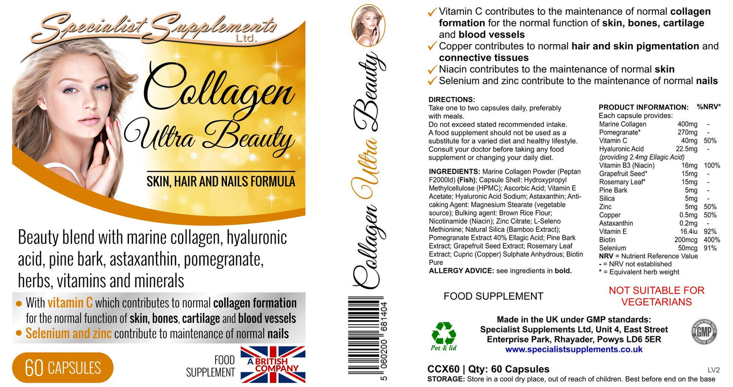 Specialist Supplements Collagen Ultra Beauty Marine Collagen, Hyaluronic Acid, Vitamin, Mineral, Herbal and Nutrient Complex