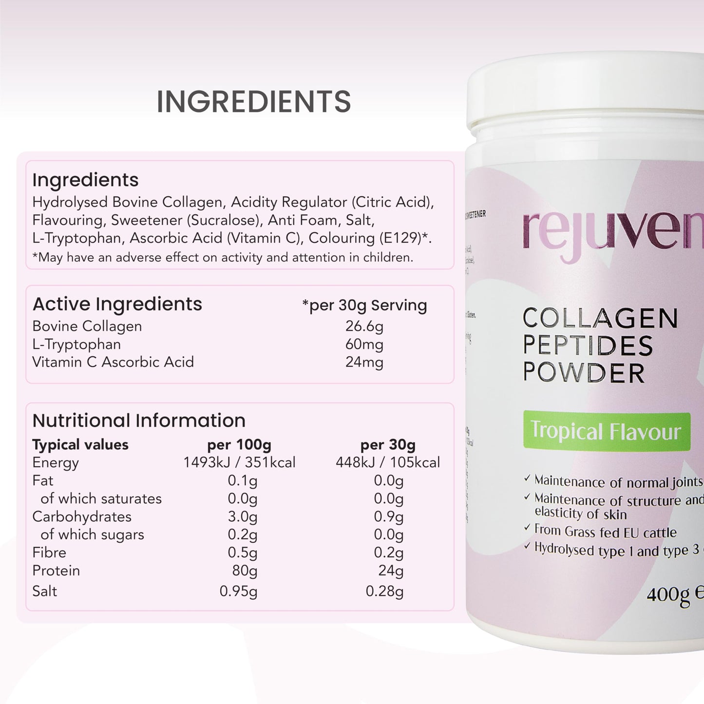 Rejuven8 Collagen Peptides Powder - 400g Tropical Flavour - 26g of Collagen and 24g of Protein Per Serving - Grass Fed Bovine Collagen Powder for Women & Men - Protein Collagen Powder