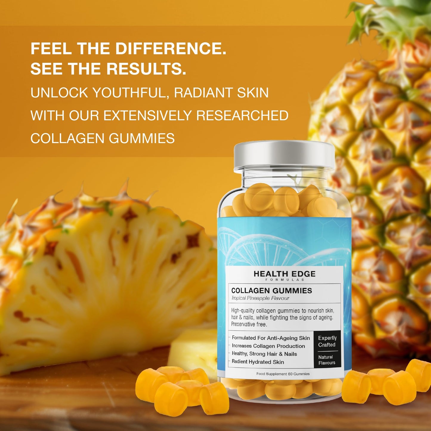 Health Edge Formulas Collagen Gummies - High Strength - for Skin, Hair, Nails, Bones, Muscles & Joints. Hydrolysed Collagen Peptides - Natural Pineapple Flavour, No Additives or Preservatives
