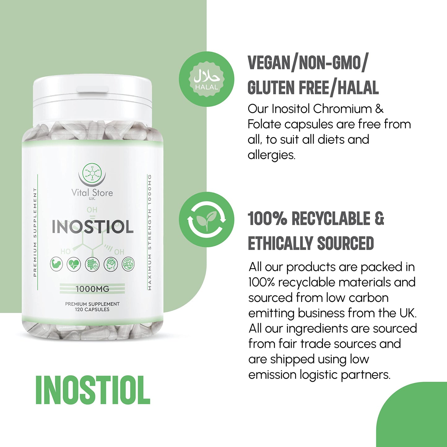 Inositol with Chromium & Folate 1000mg Vegan Capsules -120 Days Supply 4 Months - Vitamin b8 Vegan High Strength - UK Manufactured