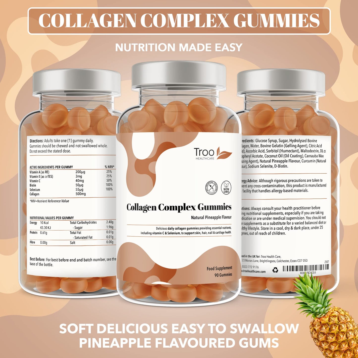 Troo Health Care Collagen Complex - 90 Natural Pineapple Flavour Chewable Gummies - One Per Day Hydrolysed Collagen with Biotin, Vitamin C and Selenium - Three Months Supply – Healthy Skin and Hair for Men and Women