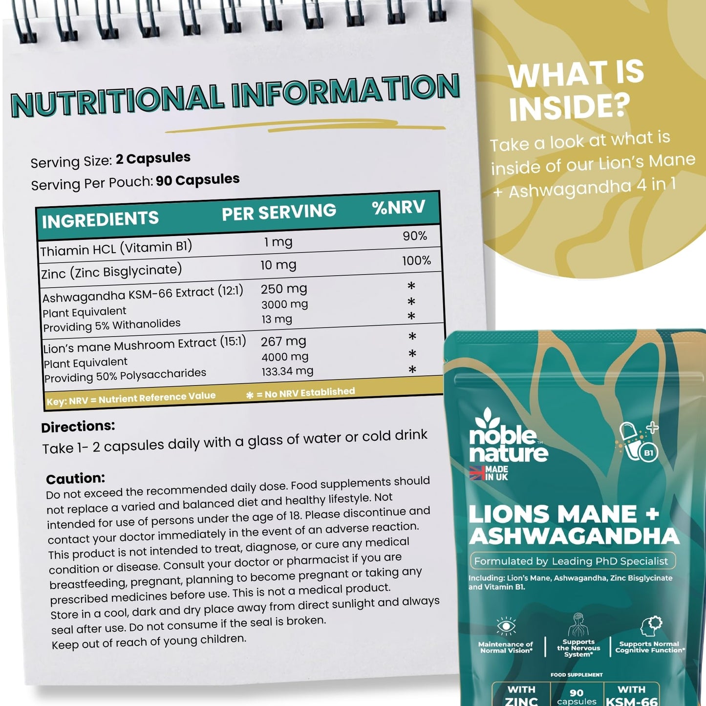 NobleNature Noble Nature 267mg Lions Mane + 250mg Ashwagandha KSM 66 4-in-1 Formula – with 10mg Zinc Bisglycinate and 1mg Vitamin B1 Capsule Supplement – Adaptogens for Calm Brain, Stress, Mood, & Health (90)