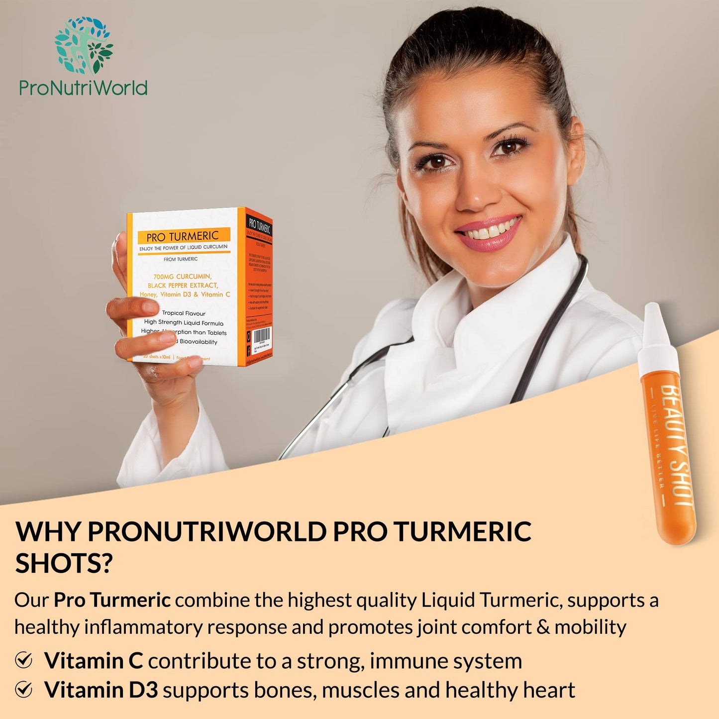 ProNutriWorld Vitamin D Turmeric Shots (20x10ml) 700mg Curcumin with Black Pepper, 20ug of Vitamin D3, Daily Defence, 3X Higher Absorption, Natural Ingredients, No Added Sugar