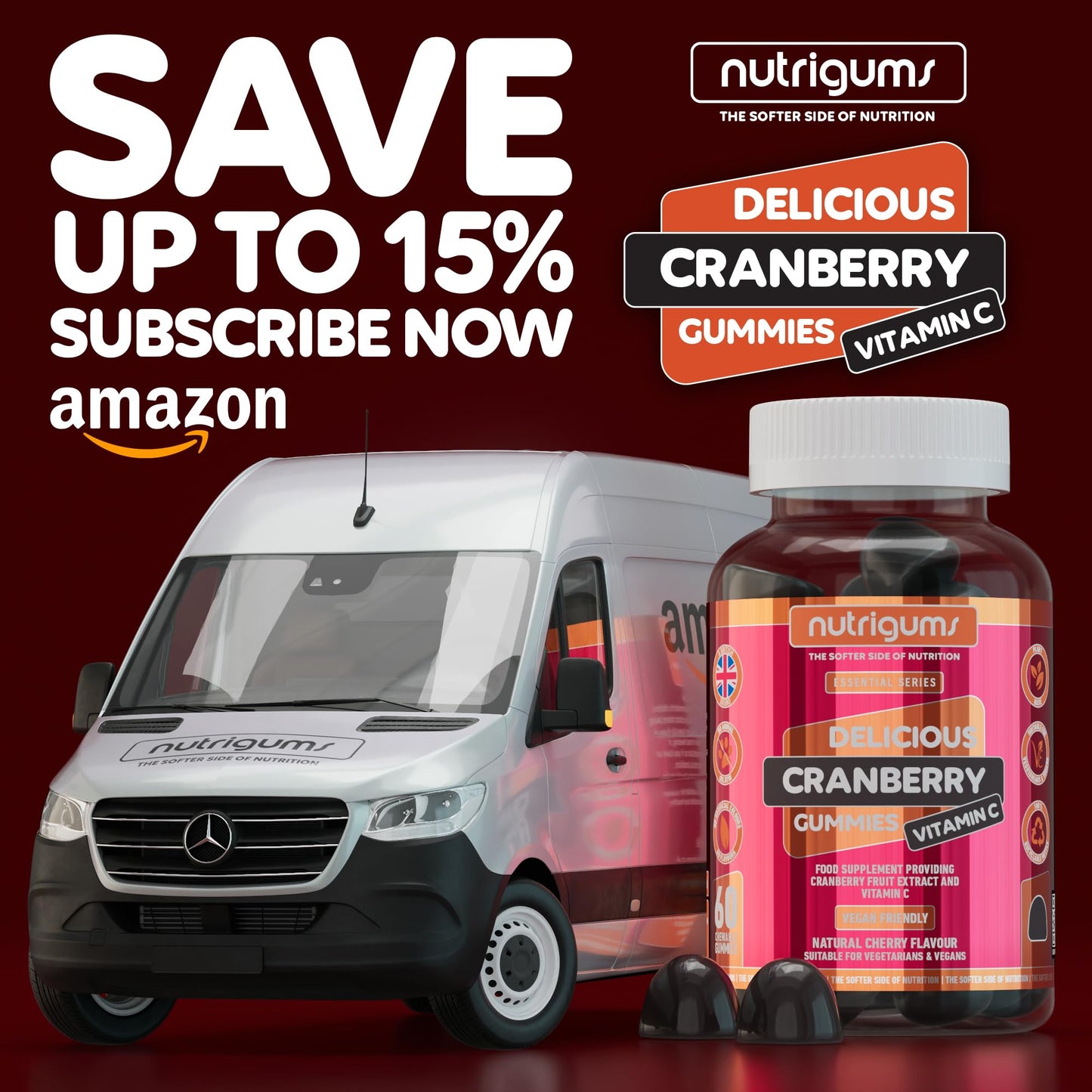 Nutrigums Cranberry & Vitamin C Gummy | Cherry Flavour | 60 Vegan Gummies | Cranberry Extract 9000mg (25% Proanthocyanidins) + Vitamin C 80mg | High Strength | UTI support for Women & Men by NUTRIGUMS®