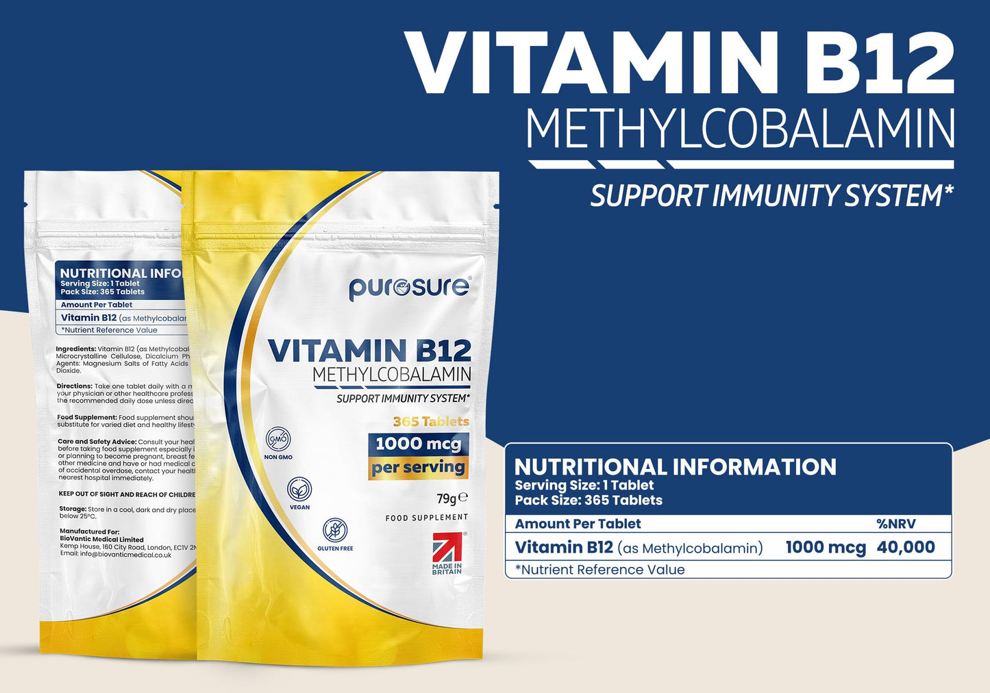 PuroSure Purosure Vitamin B12 1000µg | 365 High Strength Easy to Swallow Tablets | Methylcobalamin Vegetarian and Vegan Tablets | Tiredness and Fatigue Tablets | | Manufactured in The UK | (365 Tablets)