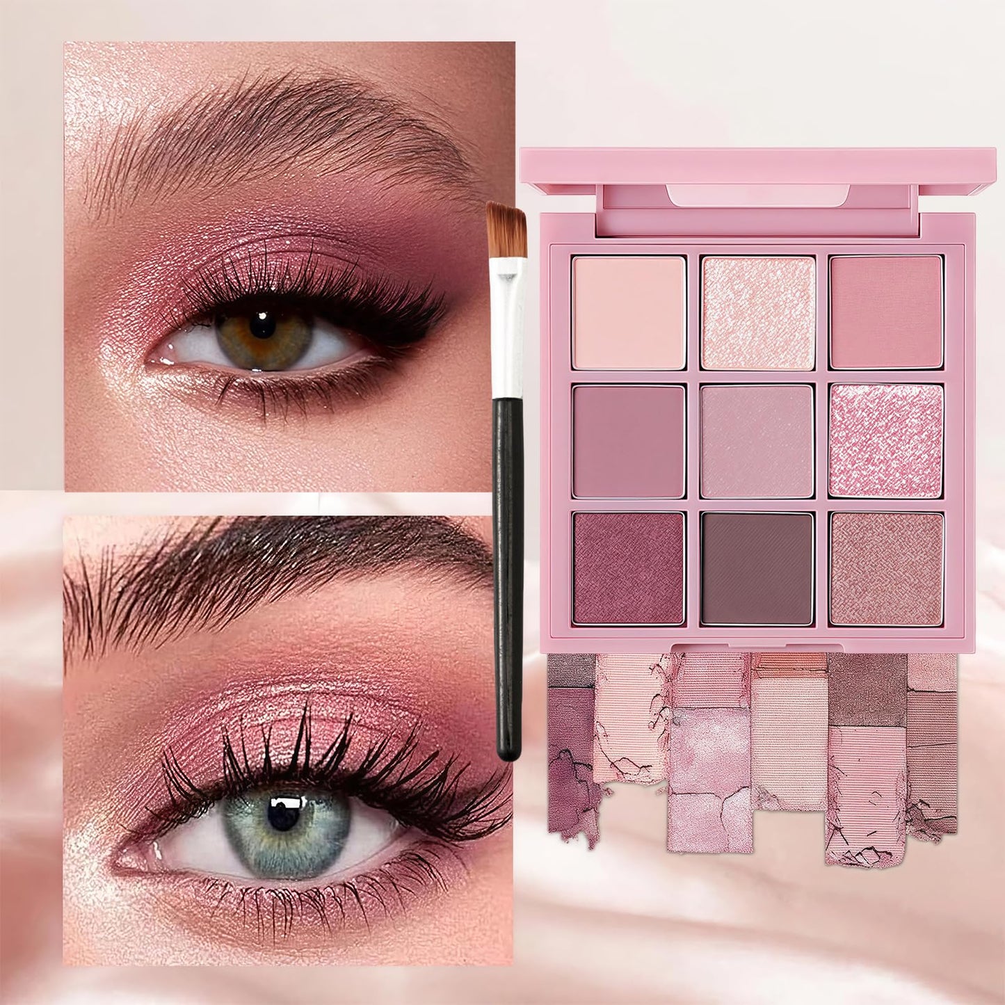 Coloroom Pink Eyeshadow Palette - 9 Colour Glitter Eyeshadow, Matte & Shimmer, Bright Long-Lasting & Highly Pigmented Eye Shadow Pallet For Women - 3PCS Eyeshadows Brushes