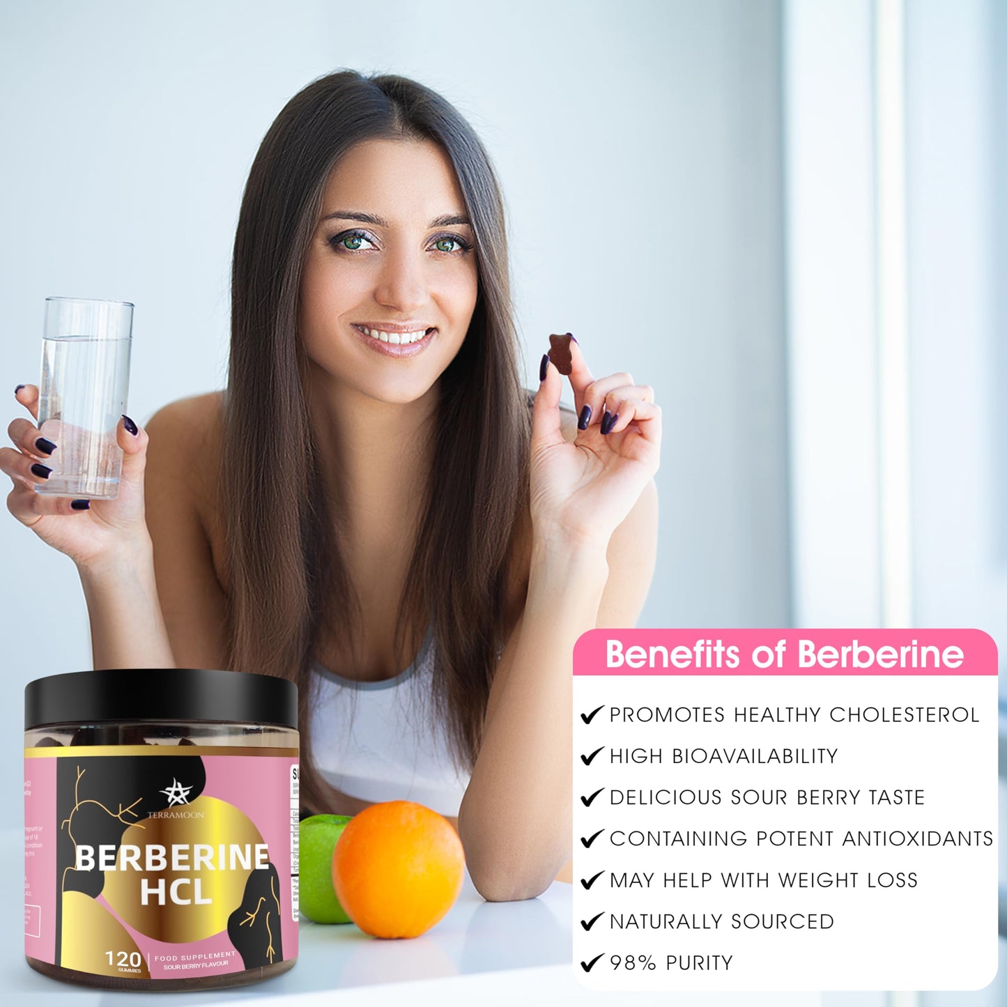 TERRAMOON Berberine HCL 98% 2000mg, 120 Gummies, 60 Day Supply, Sour Berry Flavour, with Ceylon Cinnamon 300mg, Turmeric Extract 200mg