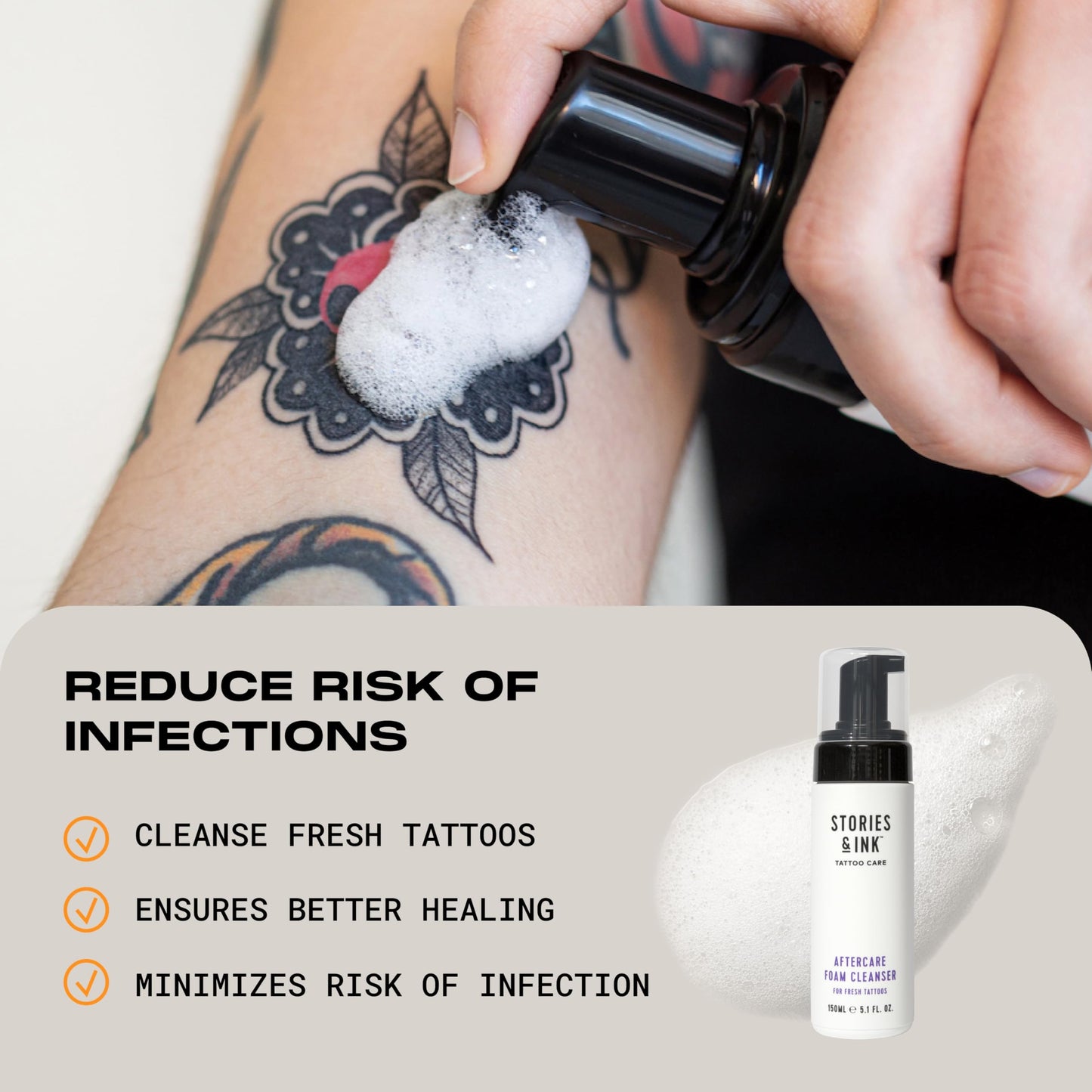 Stories & Ink | TATTOO AFTERCARE DUO - 2-Step Routine to Aid Natural Healing of Fresh Tattoos. Contains: x1 Tattoo Aftercare Cream & x1 Tattoo Aftercare Foam Cleanser