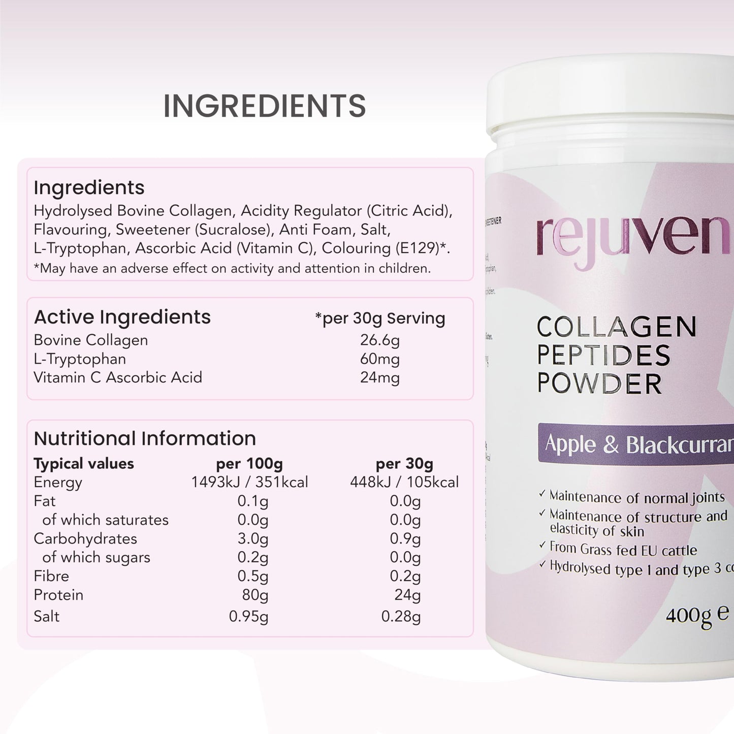 Rejuven8 Collagen Peptides Powder 400g Apple & Blackcurrant - 26g of Collagen and 24g of Protein Per Serving - Grass Fed Bovine Collagen Powder for Women & Men - Protein Collagen Powder