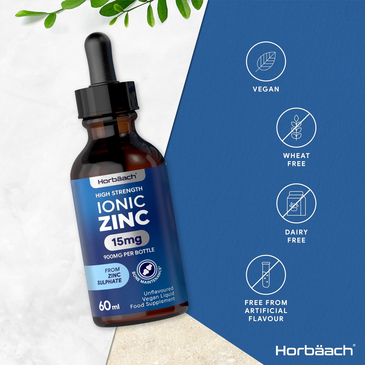 Ionic Zinc Liquid | High Strength 15mg Zinc Supplement from Zinc Sulphate | 900mg Per Bottle - 60ml Liquid Drops | Suitable for Vegetarians & Vegans | by Horbaach