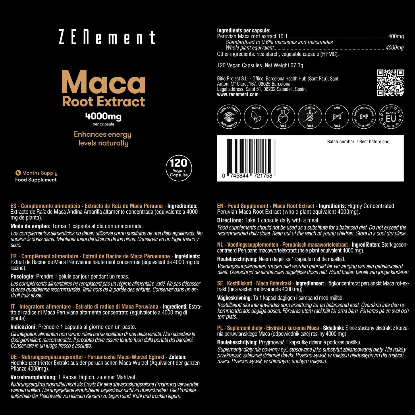 Maca Root Capsules 4000mg, High Strength Peruvian Yellow Maca Root for Men and Women | 120 Vegan Capsules (4 Months Supply) | Zenement