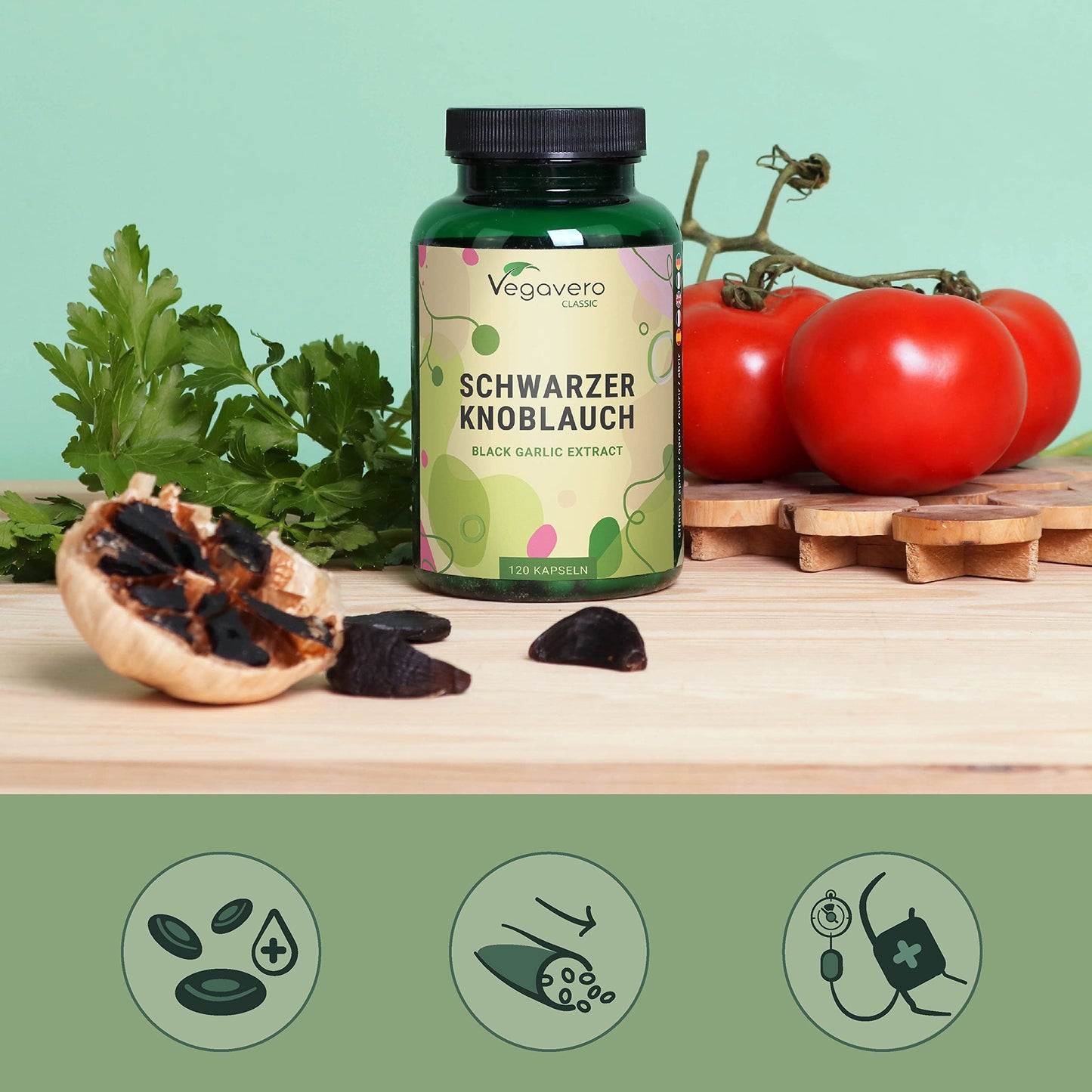 Vegavero Black Garlic Capsules 22,500 mg | High Strength 15:1 Extract | Odourless & Fermented | Standardised SAC | NO Additives, Lab-Tested | 120 Capsules | Vegan