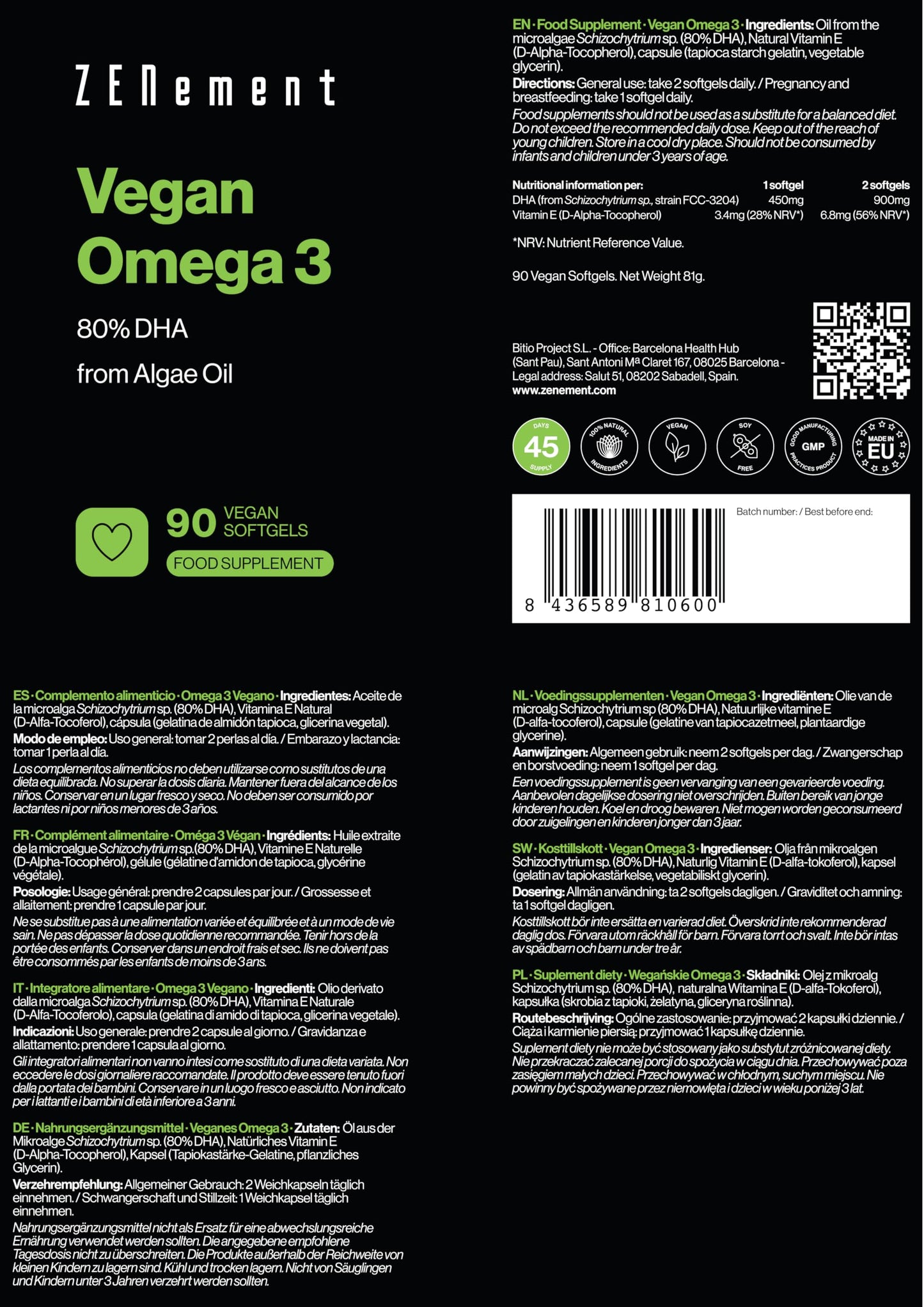 Vegan Omega 3 80% DHA - from Algae Oil - 900 mg DHA per daily Dose (2 Capsules) - in The form of Triglycerides - 90 Softgels