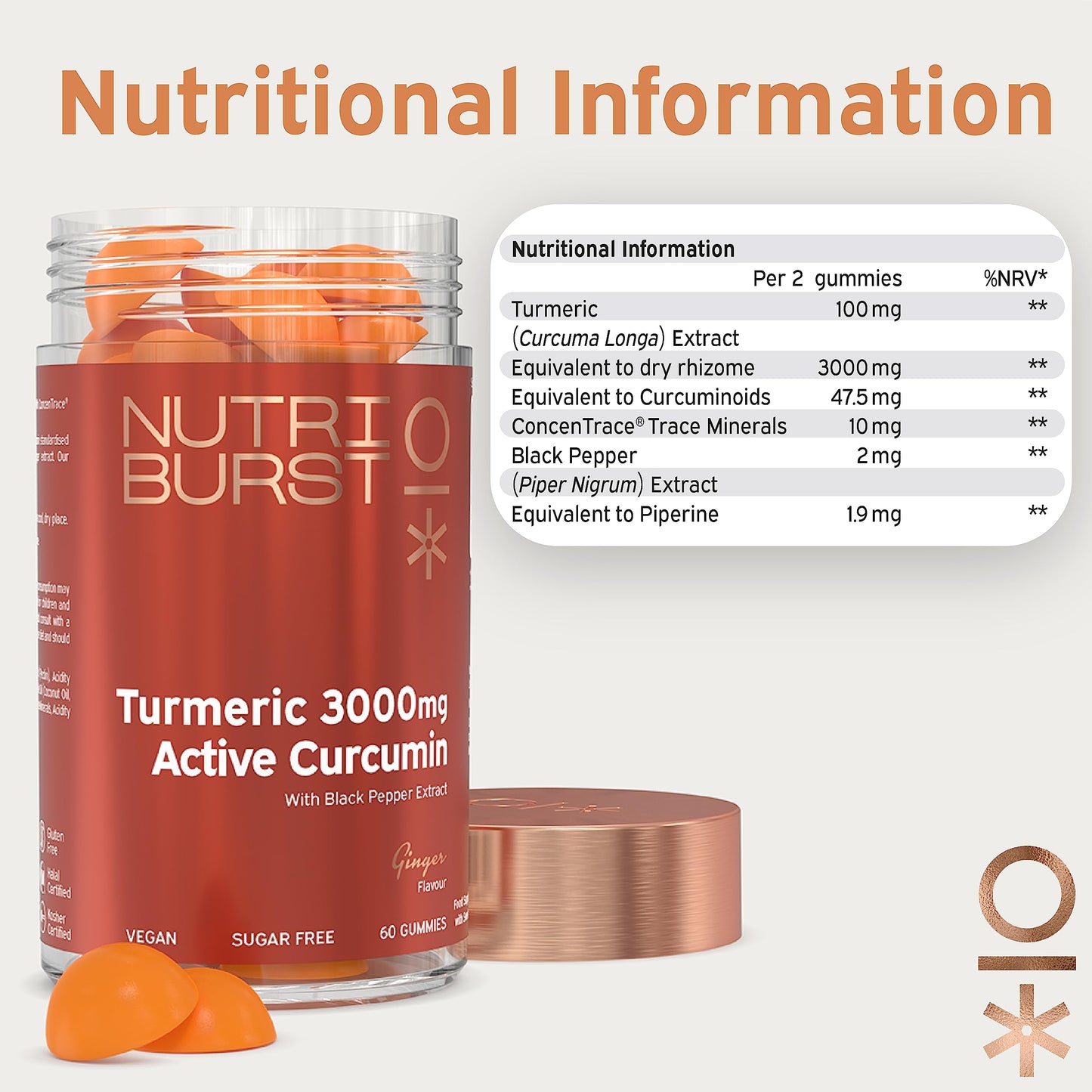 Nutriburst Turmeric Curcumin with Black Pepper Extract Multipack - Powerful Antioxidants & Anti-inflammatory, Joint & Muscle Health - Vegan & Sugar Free - 3 x 60 Ginger Gummies - 3 Mon Supply