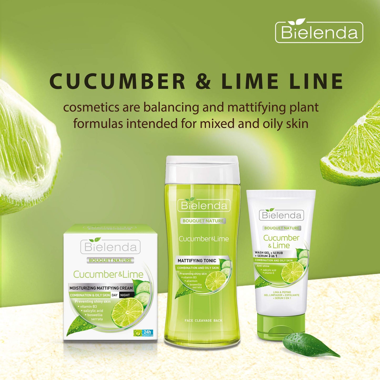 Bielenda BOUQUET NATURE - Replaces 3 Products In Achieving Perfectly Clean And Smooth Skin Of The Face And The Whole Body - Cucumber And Lime Gel+Scrub+Serum 3In1-150 g