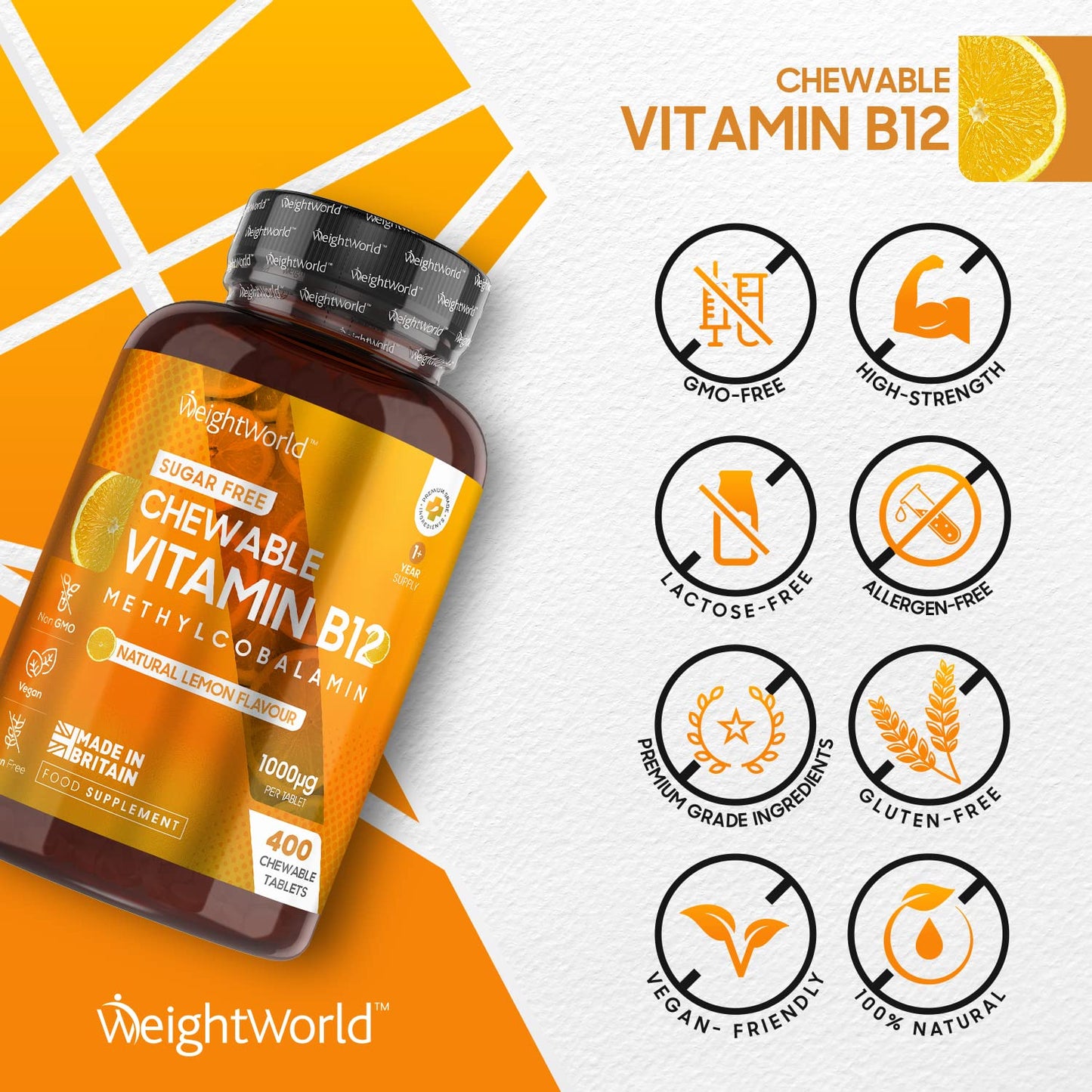 Vitamin B12 High Strength 1000mcg - 1+ Year Supply - 400 Chewable & Vegan Vitamin B12 Tablets - Sugar-Free Methylcobalamin - Vit B12 Supplement for Tiredness & Fatigue - Lemon Flavour - Made in The UK