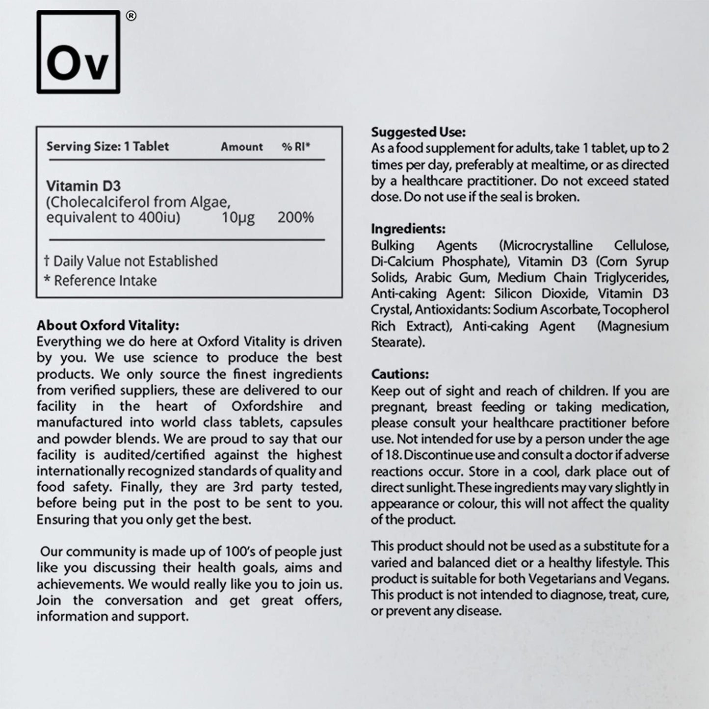 Ov OXFORD VITALITY Vegan Vitamin D3 400iu Tablets | Muscles, Immunity, Bones, Teeth | Oxford Vitality (120)