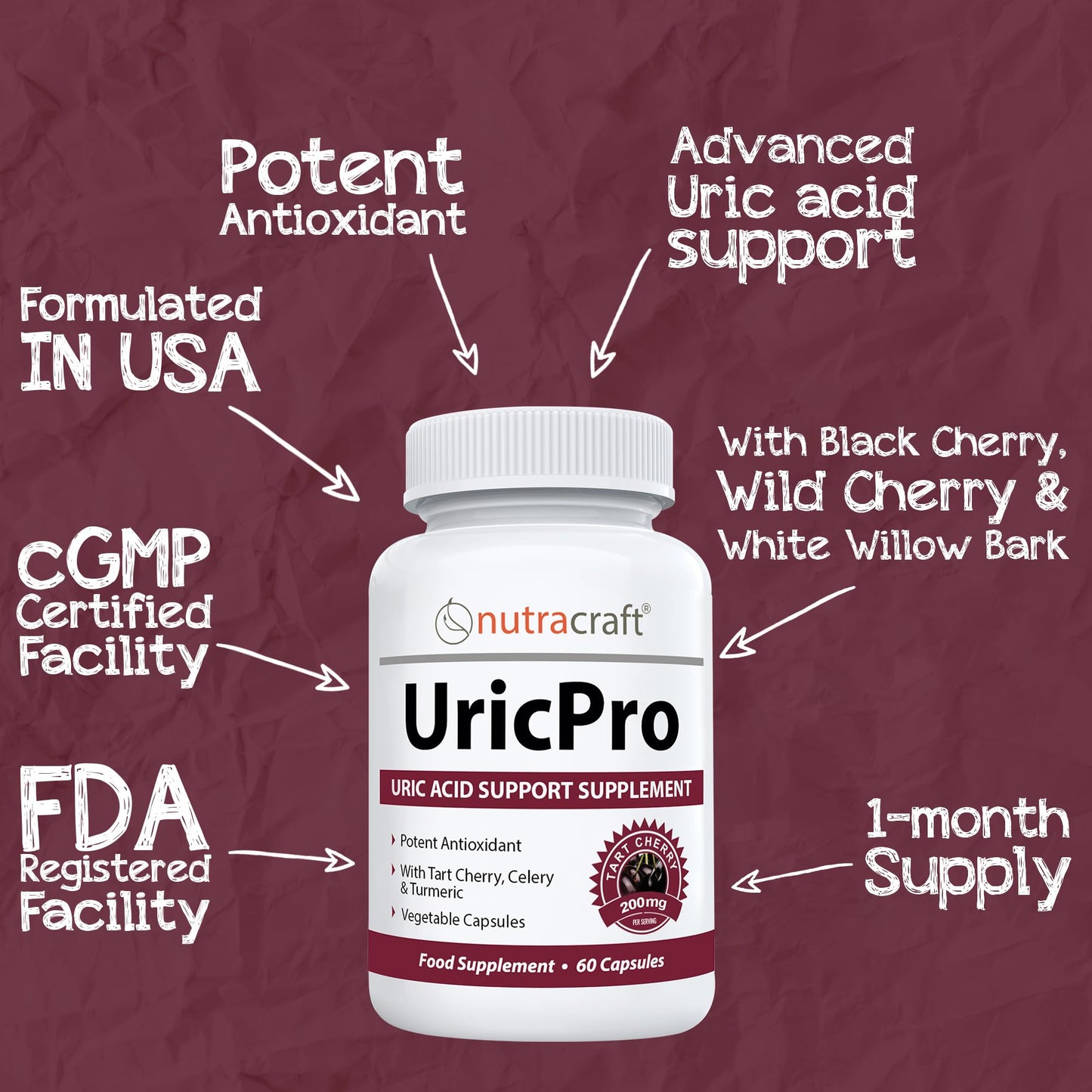 UricPro Uric Acid Cleanse Supplement | Tart Cherry, Turmeric, Celery, Bromelain, Cranberry & More | Non-GMO | 60 Vege Capsules