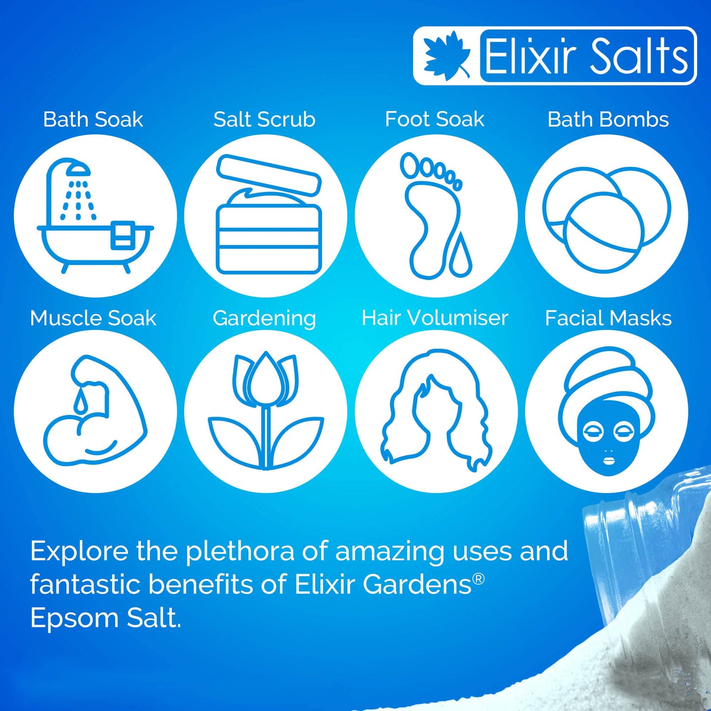 Elixir Gardens Elixir Salts - Epsom Salts, Medical Grade Spa Bathing in a re-sealable Stand up Pouch + 25% Free Best Value Available (250g + 63g Free) | Mined in Germany