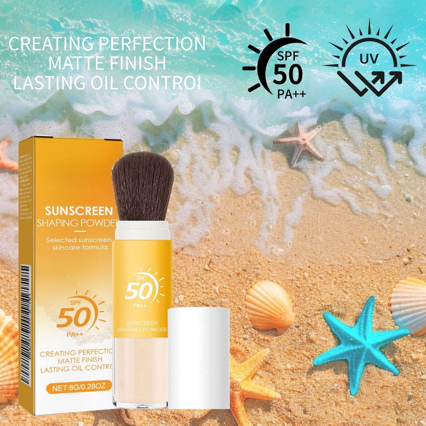 Cureluxe Mineral Powder Sunscreen Brush,SPF 50 Powder Sunscreen for Face,Over Makeup Sun Protection Brush,Lightweight Setting Powder for Face ,Non-Greasy Travel Size