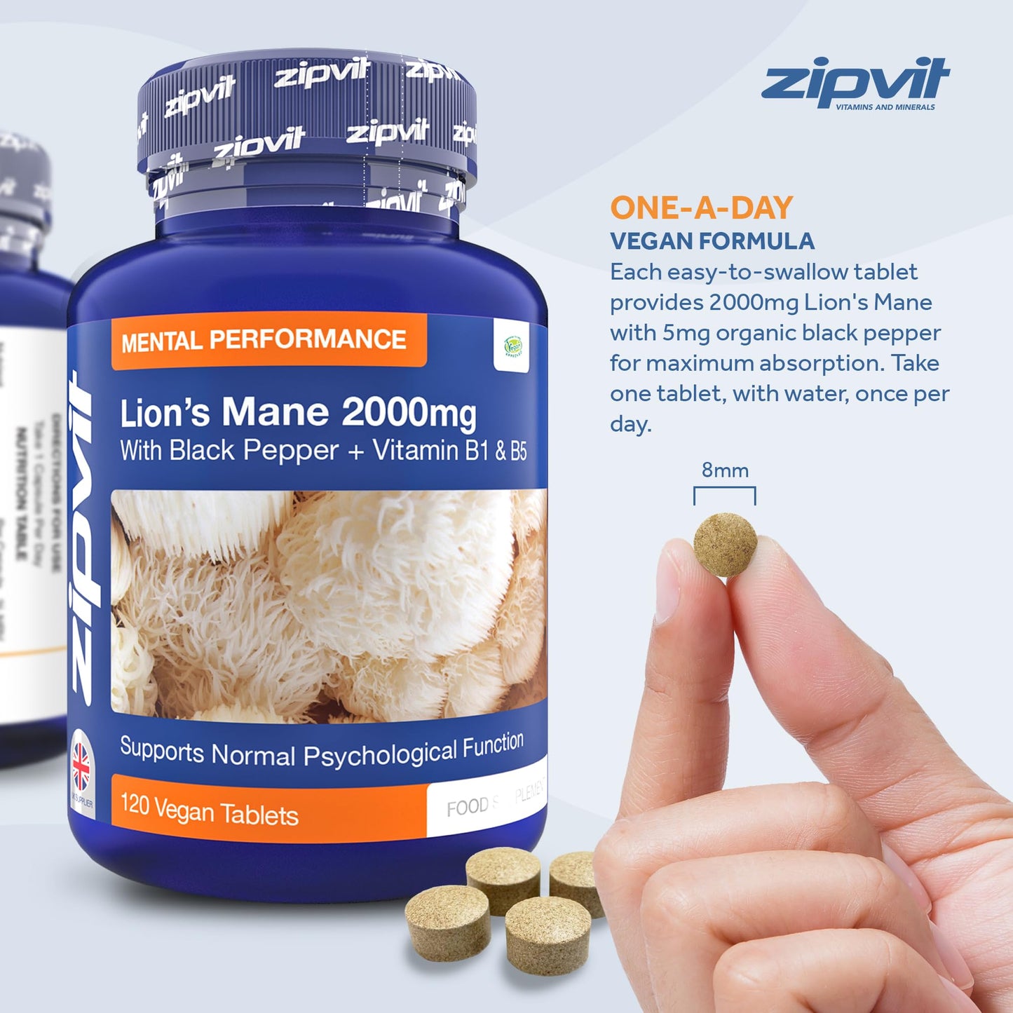 Lions Mane Mushroom Extract 2000mg, 120 Vegan Tablets with Black Pepper and Vitamins B1 & B5, Contributes to Psychological Function, Mental Performance and Reduces Tiredness and Fatigue.