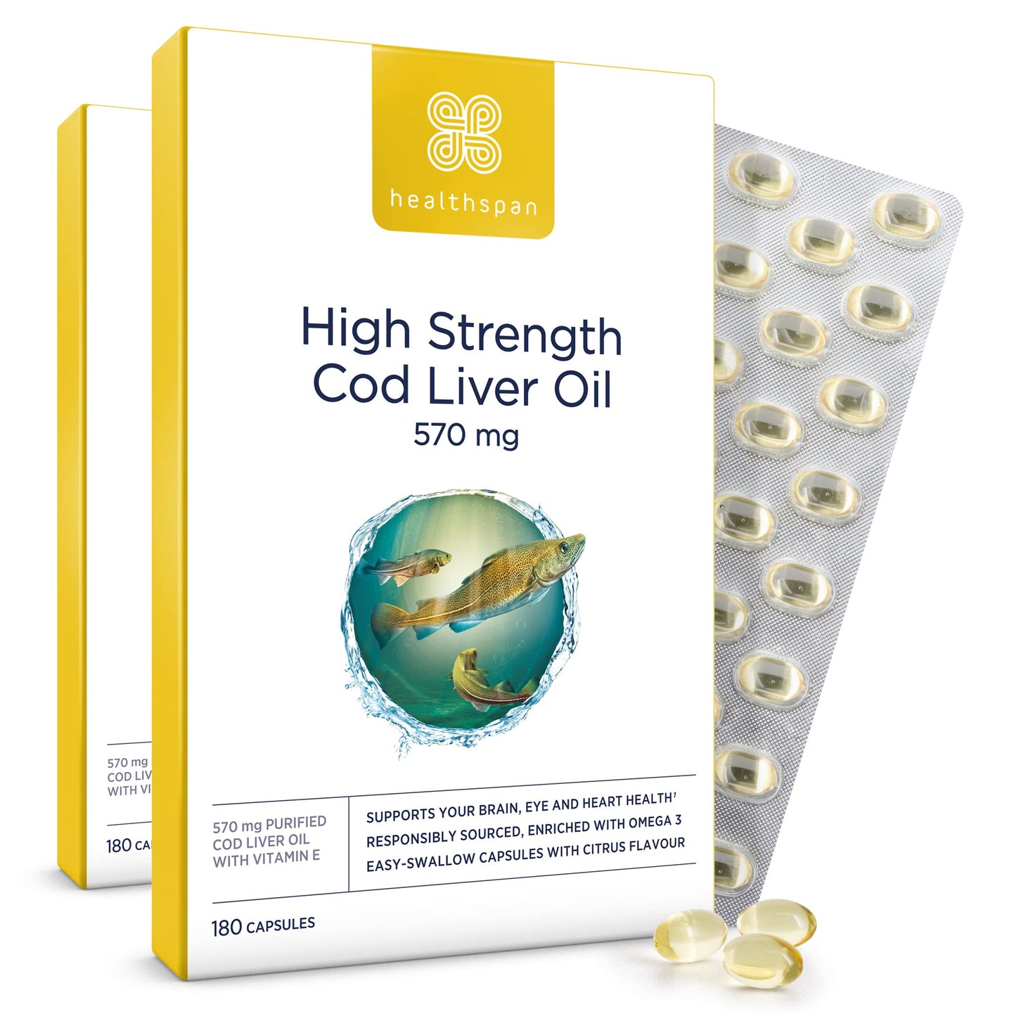 healthspan Healthspan Cod Liver Oil 570mg | Support Your Brain, Heart, Eyes & Bones | 150mg Omega 3 Fatty acids per Capsule (360 Capsules)
